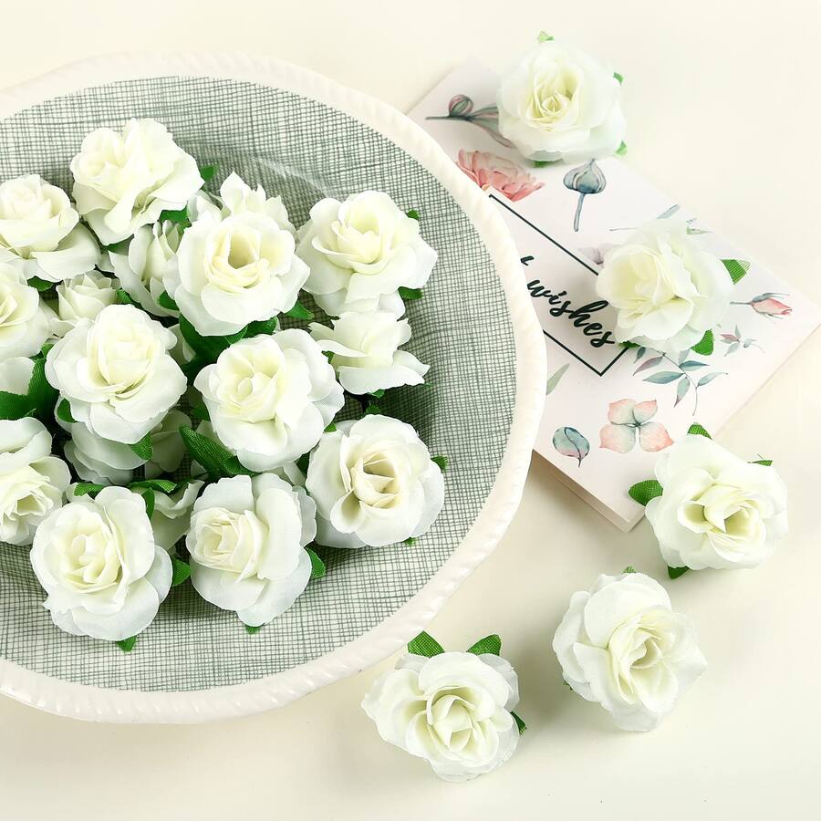 Stylel Star 50pcs Mini White Roses Artificial Flowers Bulk 1.6