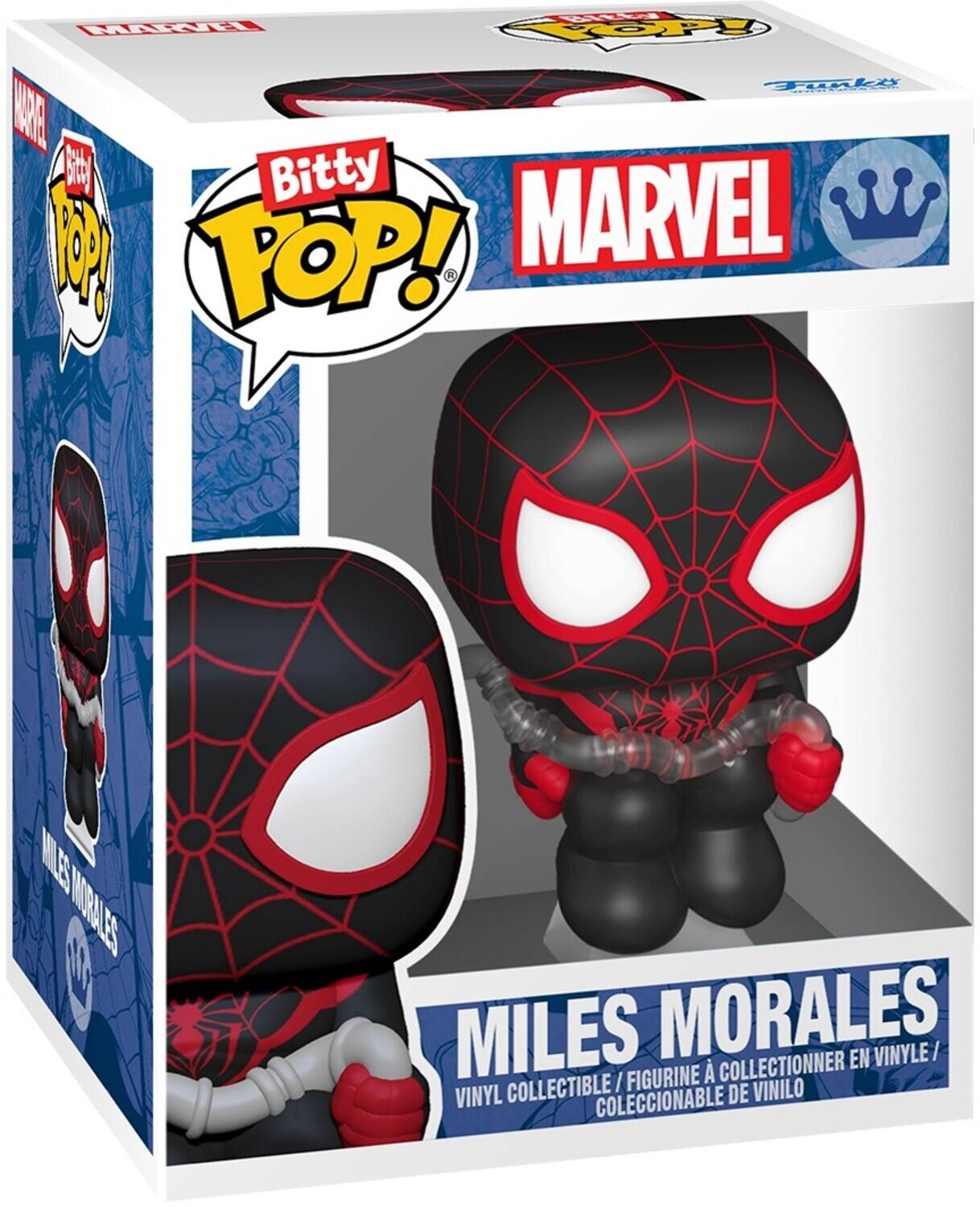 The text on the image is: "Bitty Pop! Marvel Miles Morales en vinyle / figurine à collectionner en vinyle / coleccionable de vinilo."
