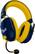 The text on the image reads "TAKE OUR V". This is likely a typo or an incorrect phrase, as it does not make sense in the context of the image. The image features a pair of blue headphones with yellow earpieces, which are commonly referred to as "over-ear" headphones.