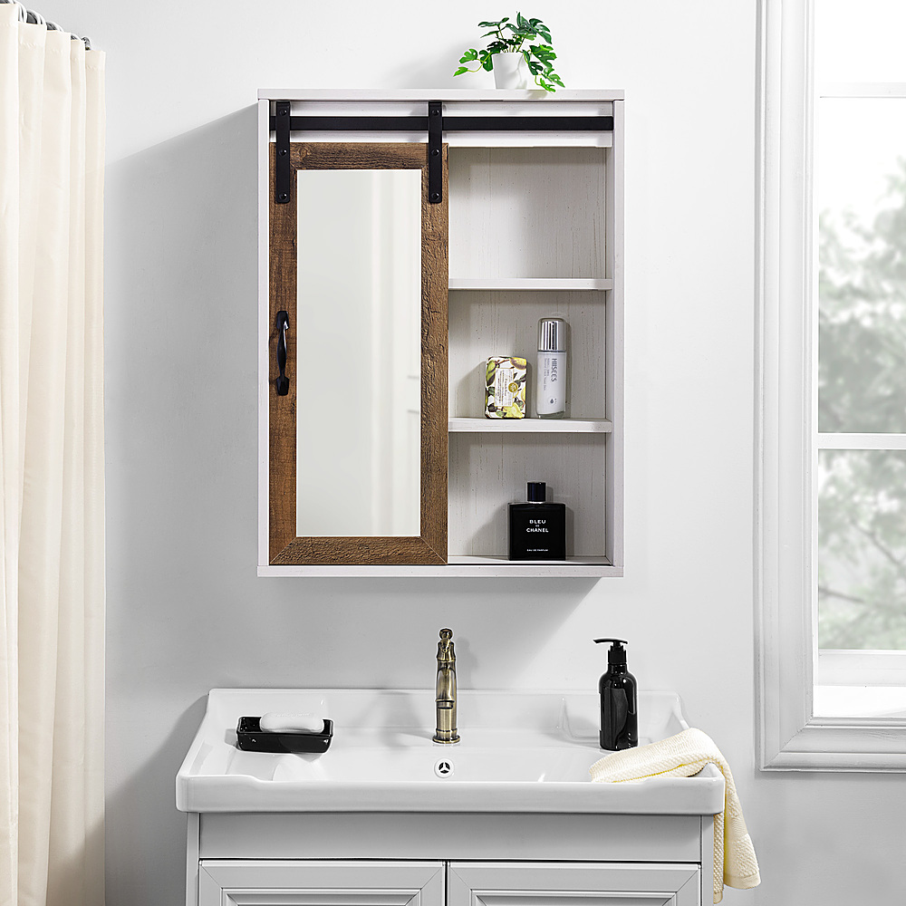 Sliding Barn Door Wall Storage with Mirror Brushed White