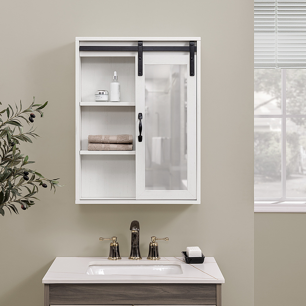 Sliding Barn Door Wall Storage with Mirror Brushed White