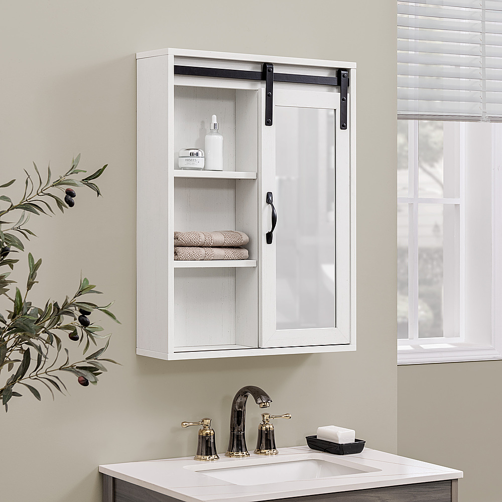 Sliding Barn Door Wall Storage with Mirror Brushed White