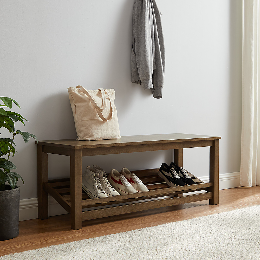 Welwick Designs Rustic Oak Solid Wood Entry Bench with Angled Shoe