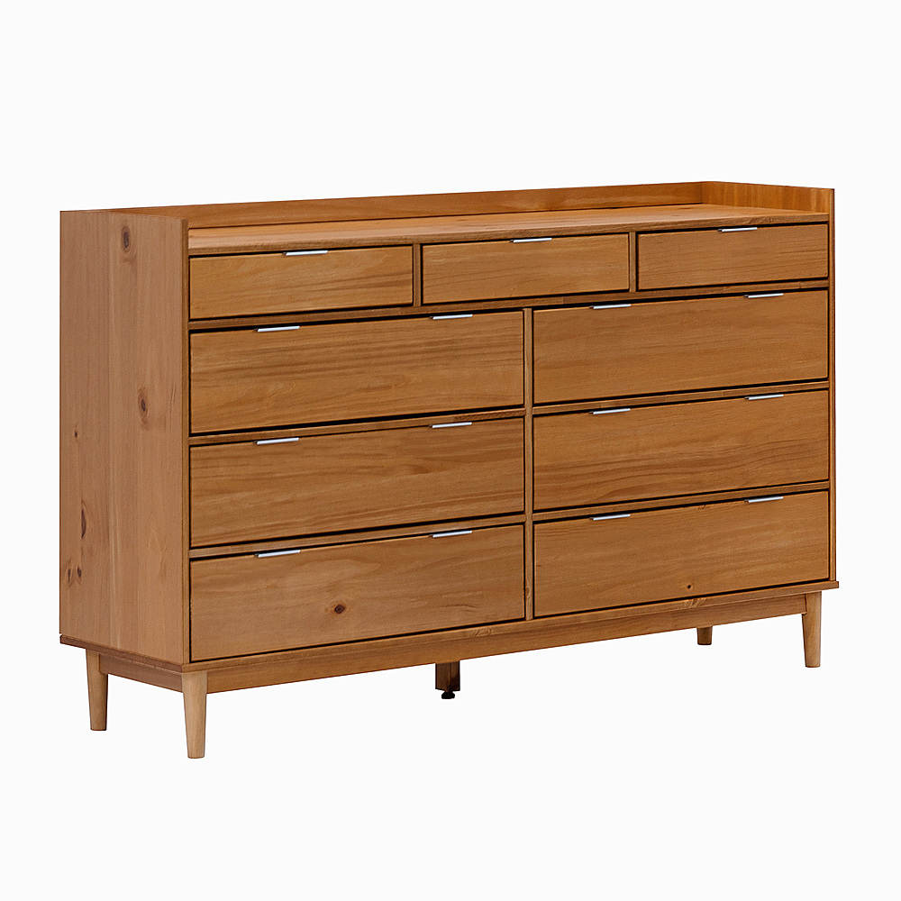 Left View: Walker Edison - Mid Century Modern Solid Wood Tray-Top 9-Drawer Dresser - Caramel