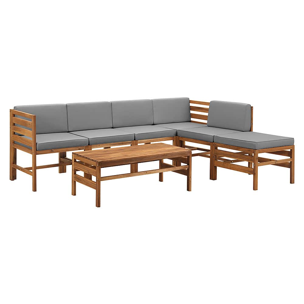 Left View: Walker Edison - Modern Modular Acacia Wood Patio Set of 7 - Brown