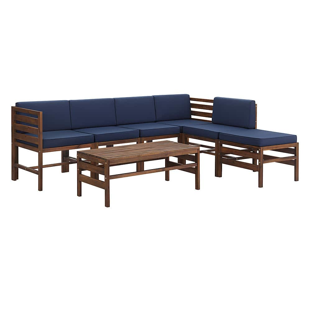 Left View: Walker Edison - Modern Modular Acacia Wood Patio Set of 7 - Dark Brown/Navy Blue