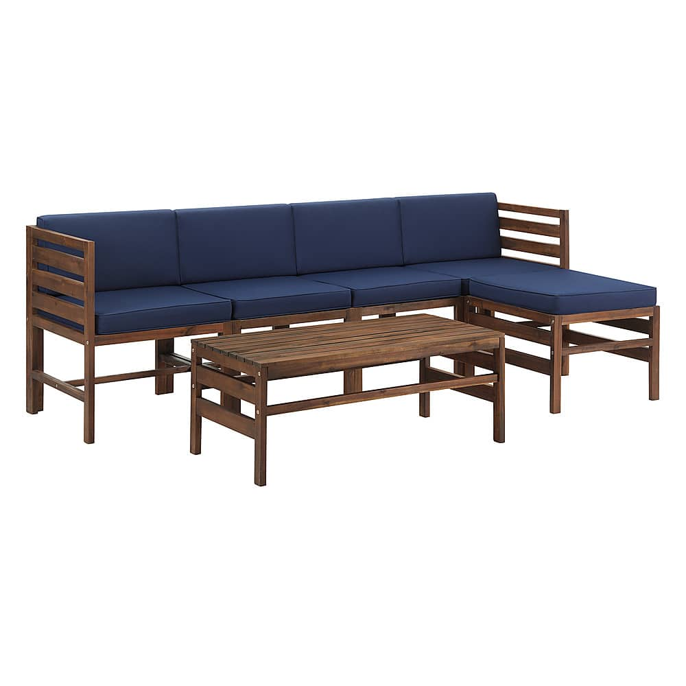 Left View: Walker Edison - Modern Modular Acacia Wood Patio Set of 6 - Dark Brown/Navy Blue