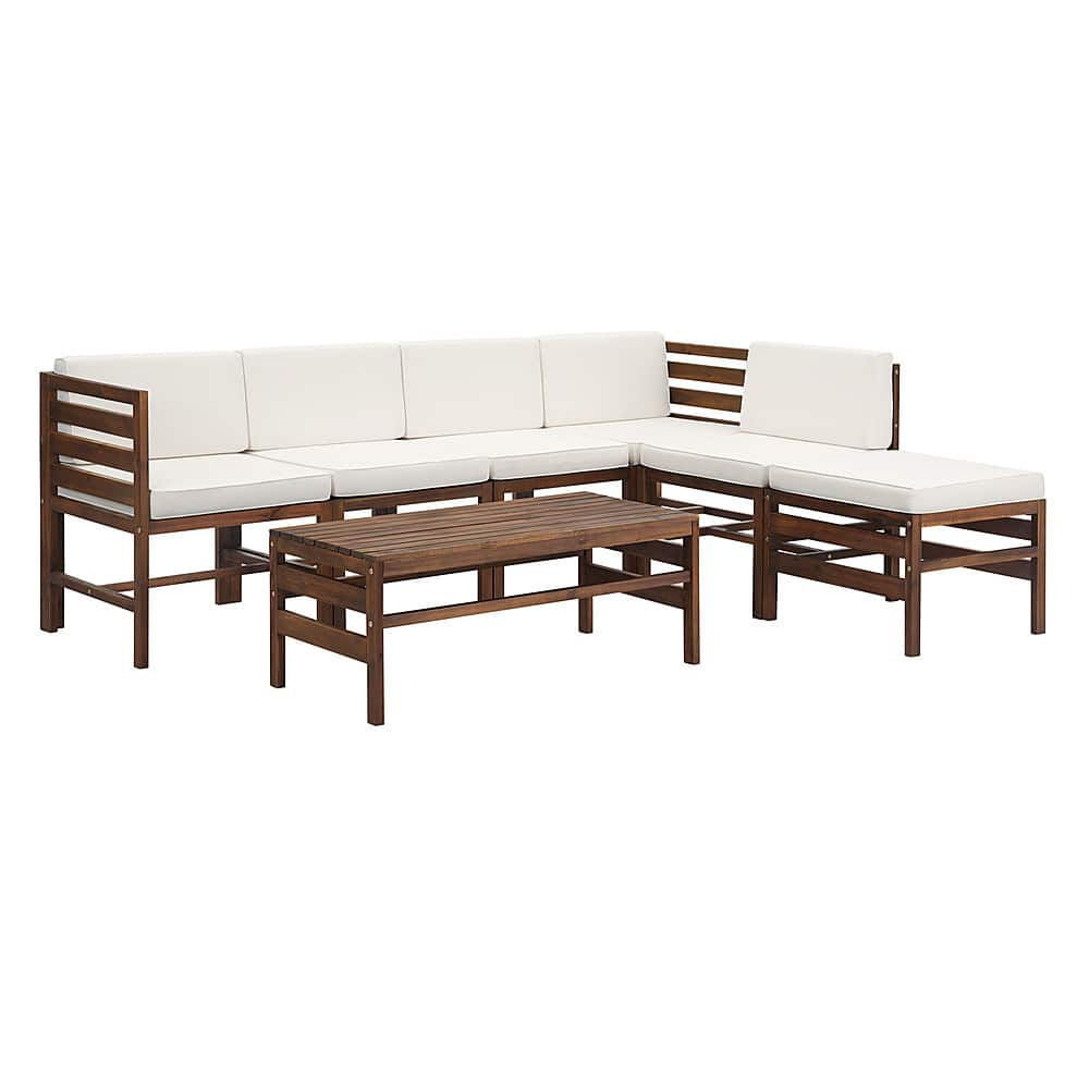 Left View: Walker Edison - Modern Modular Acacia Wood Patio Set of 7 - Dark brown