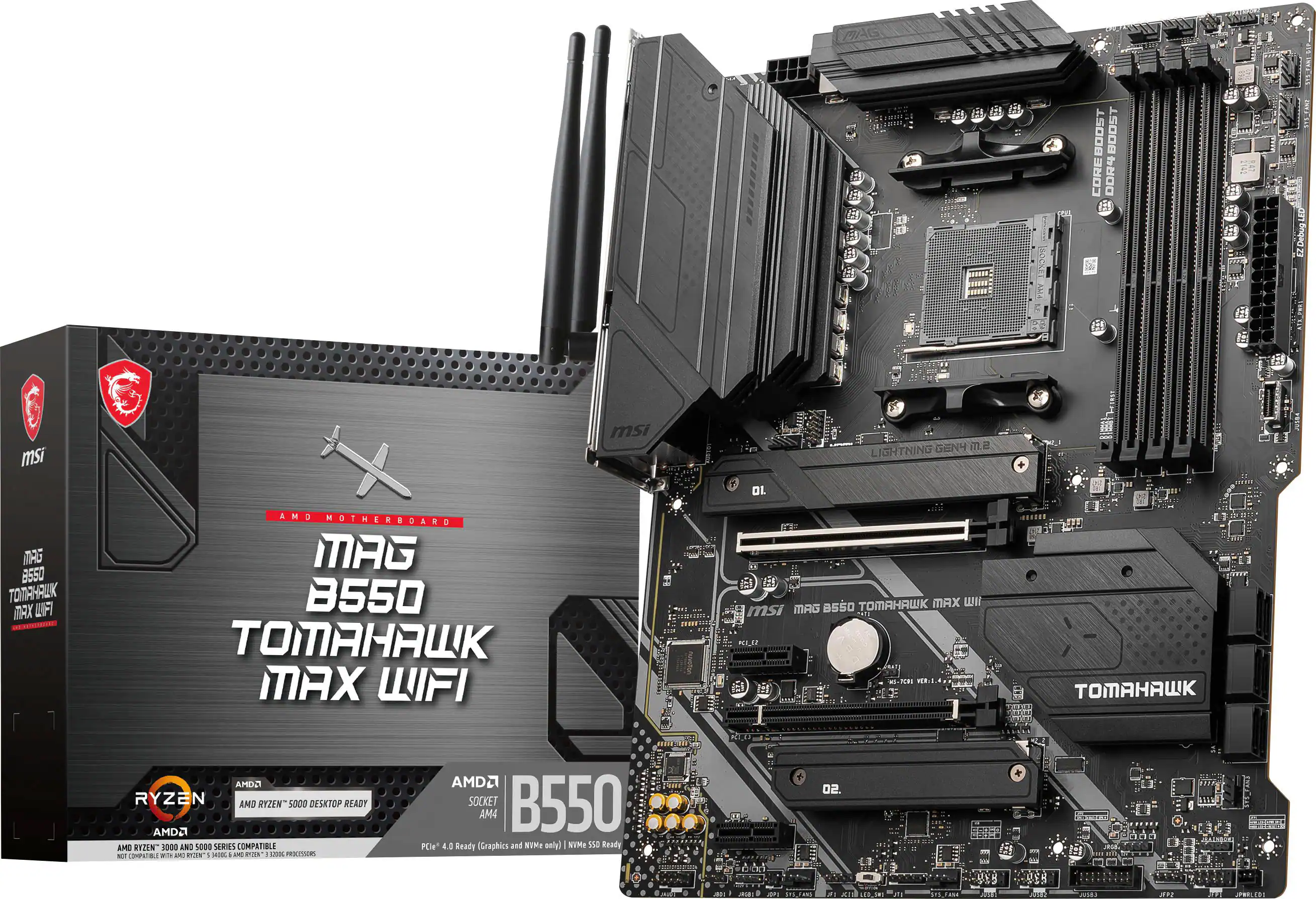 Front. MSI - B550 TOMAHAWK MAX WIFI (Socket AM4) AMD B550 ATX DDR4 Wi-Fi 6E Motherboard - Black.