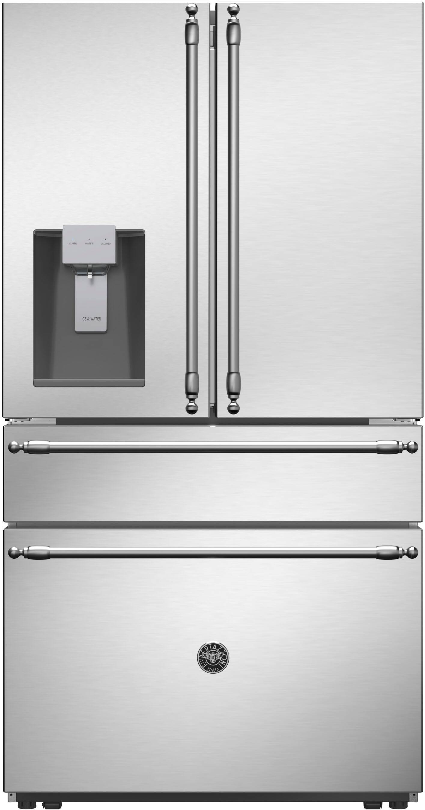 Left. Bertazzoni - 21 cu. Ft. 2 Bottom-Freezer French Door Refrigerator with Stainless steel no-fingerprint treatment door finish. - Stainless Steel.
