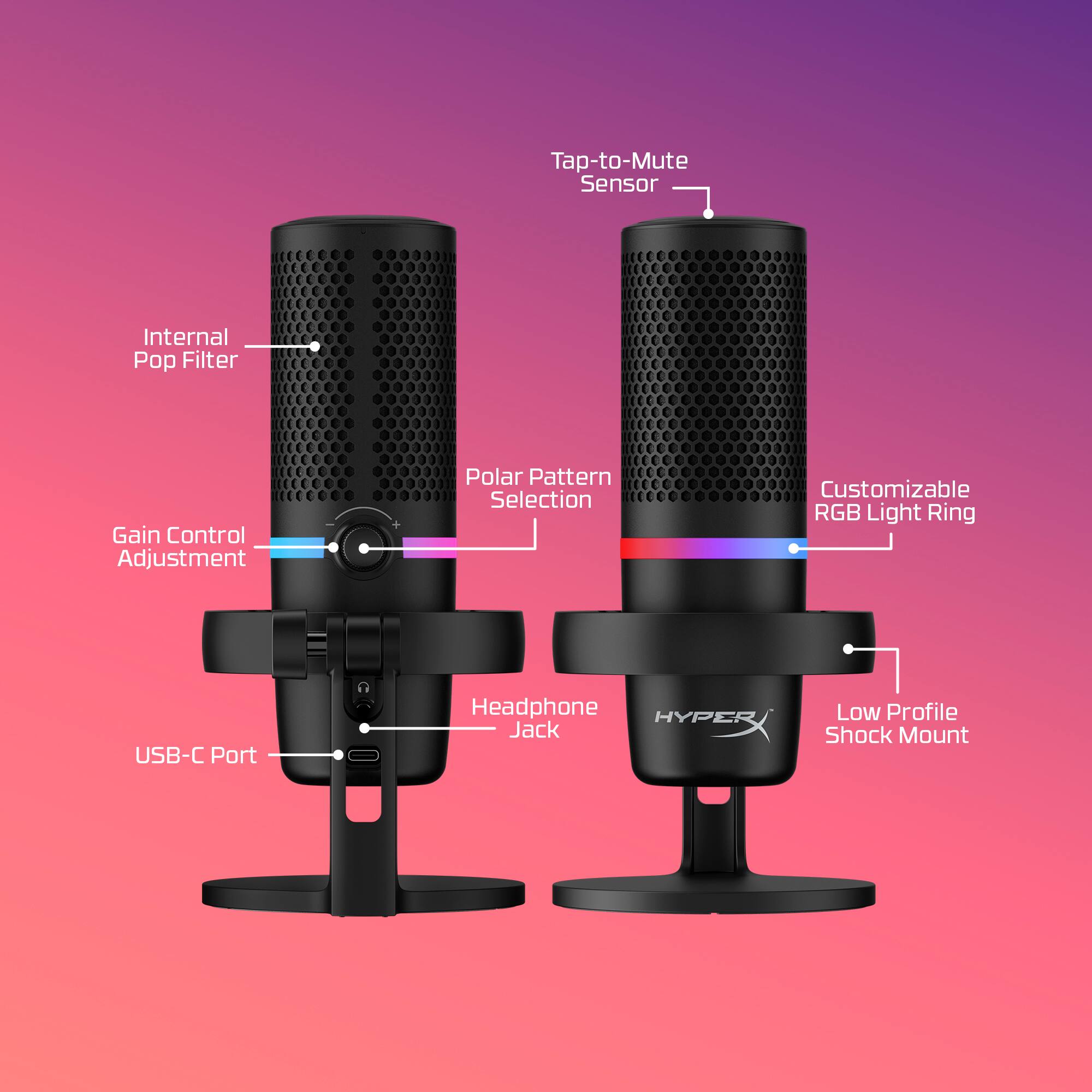 The image features two HyperX microphones, each with a tap-to-mute sensor, an internal pop filter, and a polar pattern selection. The microphones also have customizable RGB light rings, a USB-C port, and a headphone jack. Additionally, they come with a low-profile shock mount for added stability.