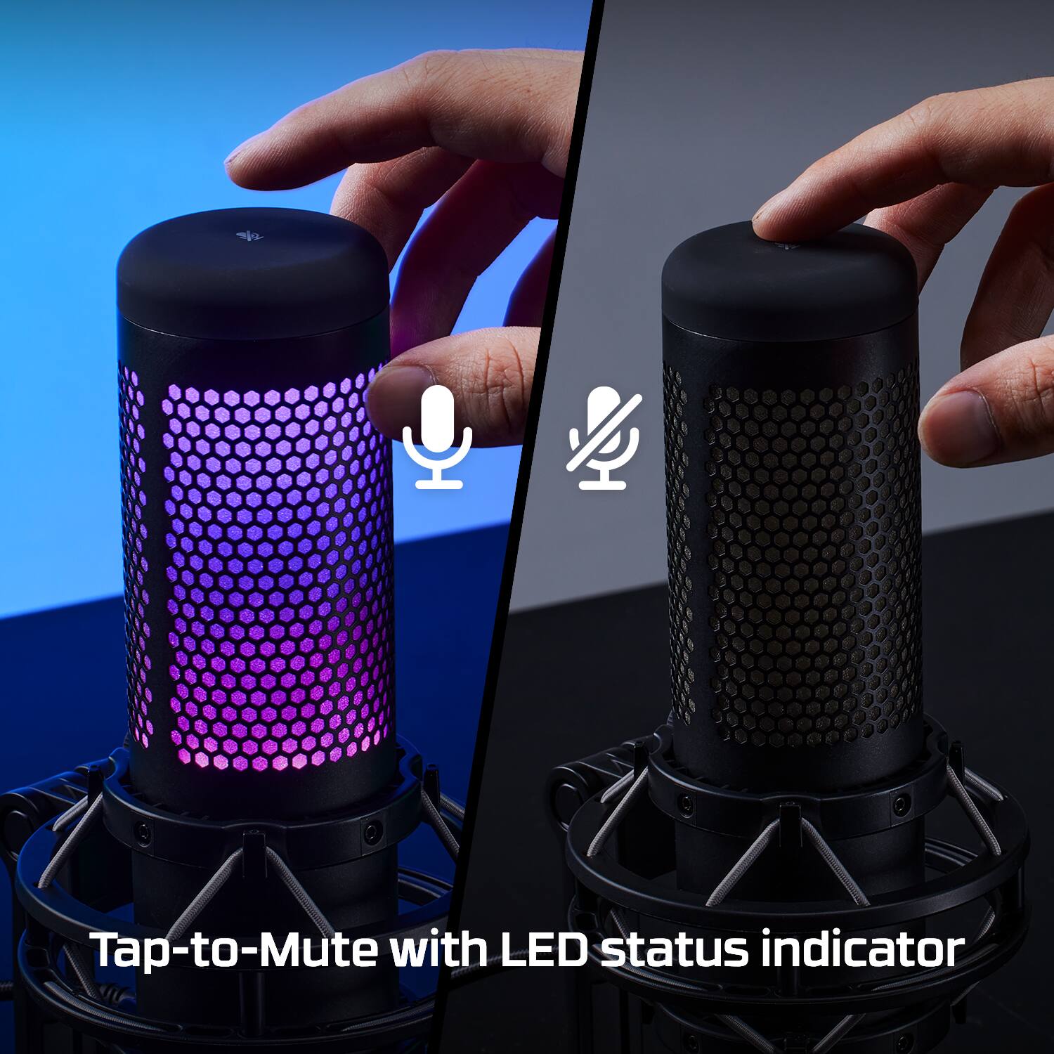 Tap-to-Mute with LED status indicator.