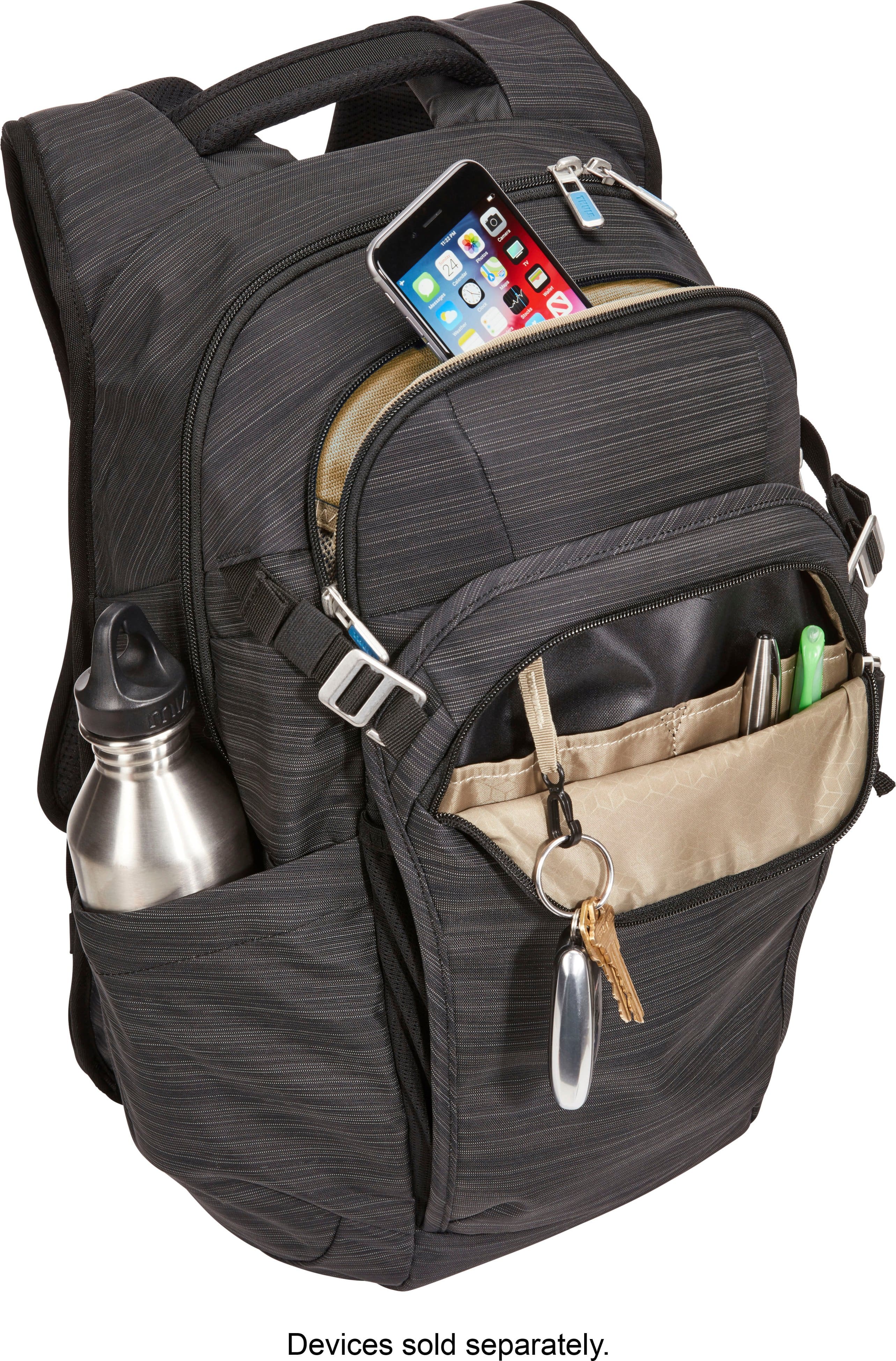 Keep a phone or glasses safe in the soft-lined protective pocket. Store accessories and electronics in the organization panel with multiple pockets.