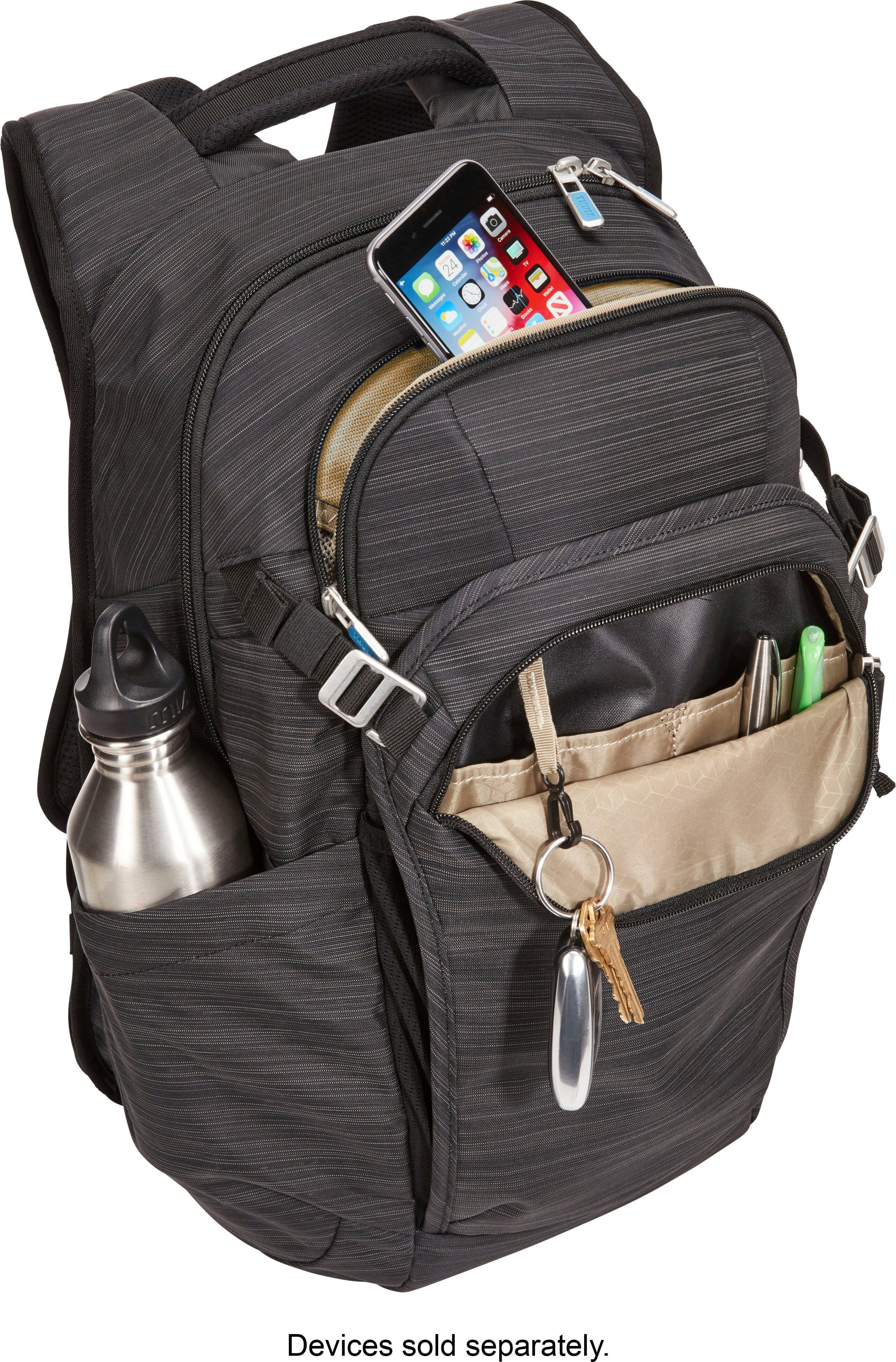 Keep a phone or glasses safe in the soft-lined protective pocket. Store accessories and electronics in the organization panel with multiple pockets.