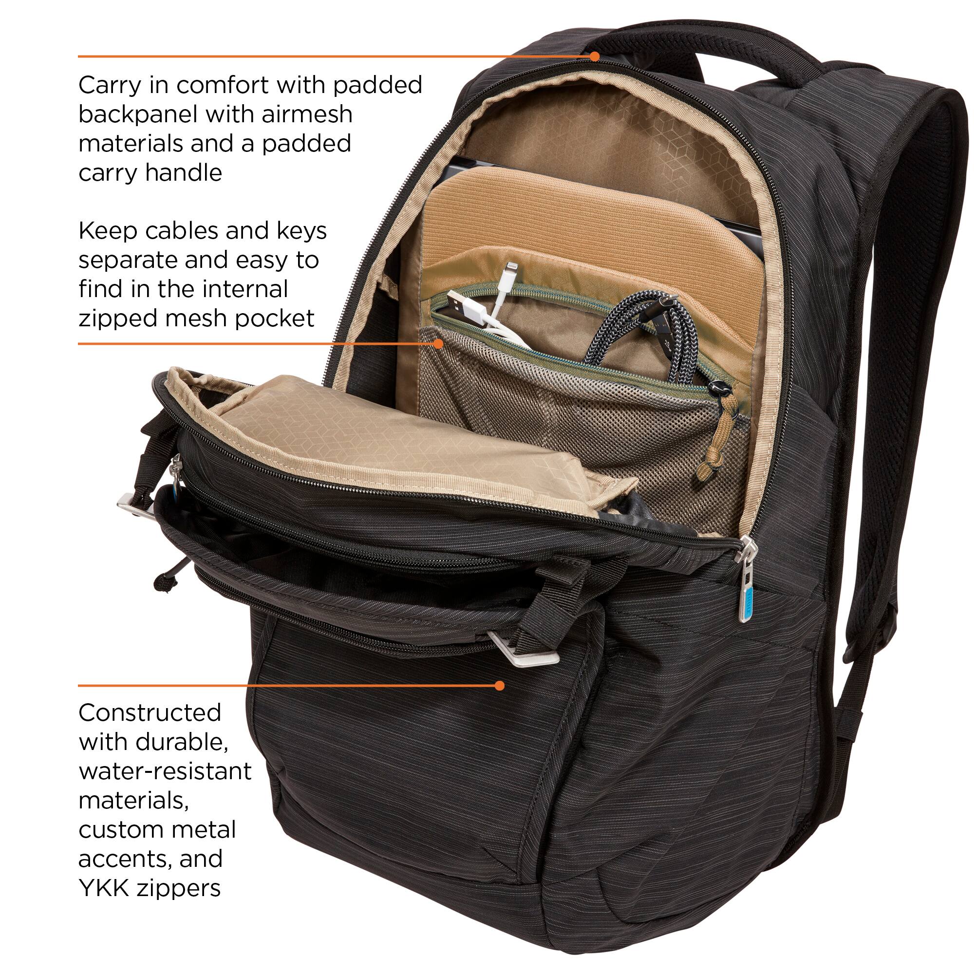 Carry in comfort with a padded back panel made from airmesh materials and a padded carry handle. Keep cables and keys separate and easy to find in the internal zipped mesh pocket. The backpack is constructed with durable, water-resistant materials, custom metal accents, and YKK zippers.