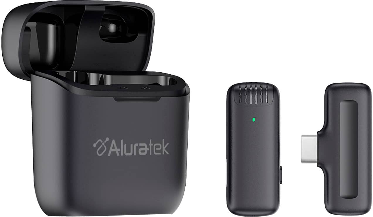 Aluratek - Wireless Vlogging Lapel Microphone with Charging Case for USB-C Connector - Black - Front_Zoom