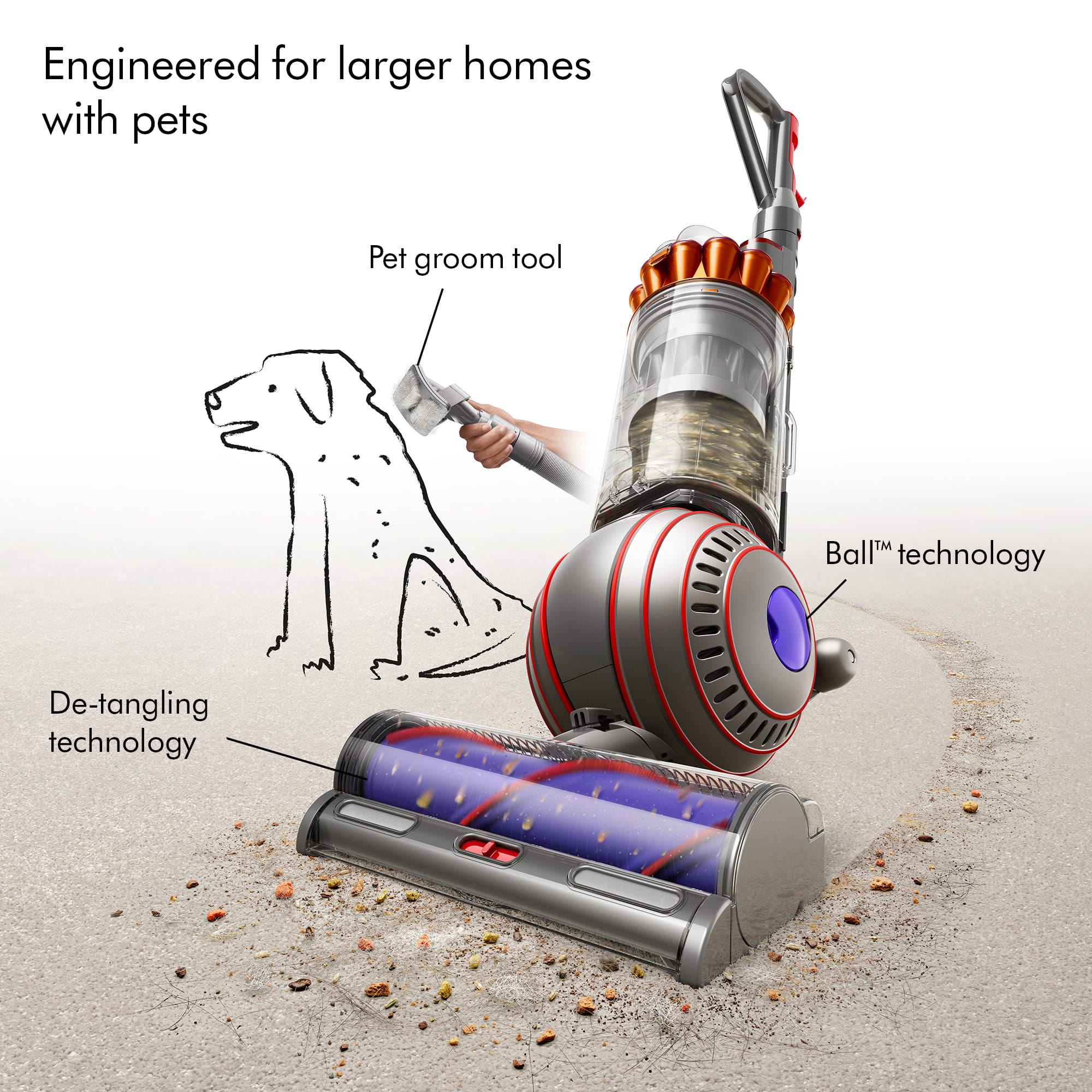 Engineered for larger homes with pets: This vacuum is designed to handle the cleaning needs of larger homes with pets, ensuring that all areas are effectively cleaned.
Pet groom tool: The vacuum features a pet groom tool, which helps to remove pet hair and dander from carpets and other surfaces.
Ball technology: The vacuum utilizes ball technology, which allows it to navigate around obstacles and efficiently clean various surfaces.
De-tangling technology: The vacuum is equipped with de-tangling technology, which helps to remove knots and tangles from carpets and other surfaces, making cleaning more efficient.