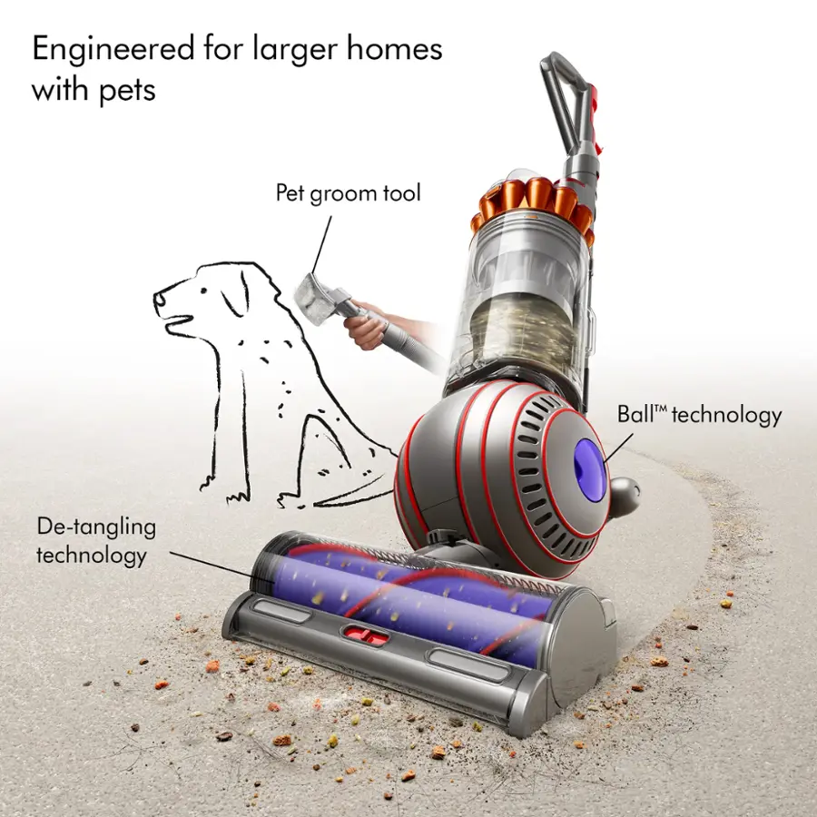 Engineered for larger homes with pets: This vacuum is designed to handle the cleaning needs of larger homes with pets, ensuring that all areas are effectively cleaned.

Pet groom tool: The vacuum features a pet groom tool, which helps to remove pet hair and dander from carpets and other surfaces.

Ball technology: The vacuum utilizes ball technology, which allows it to navigate around obstacles and efficiently clean various surfaces.

De-tangling technology: The vacuum is equipped with de-tangling technology, which helps to remove knots and tangles from carpets and other surfaces, making cleaning more efficient.