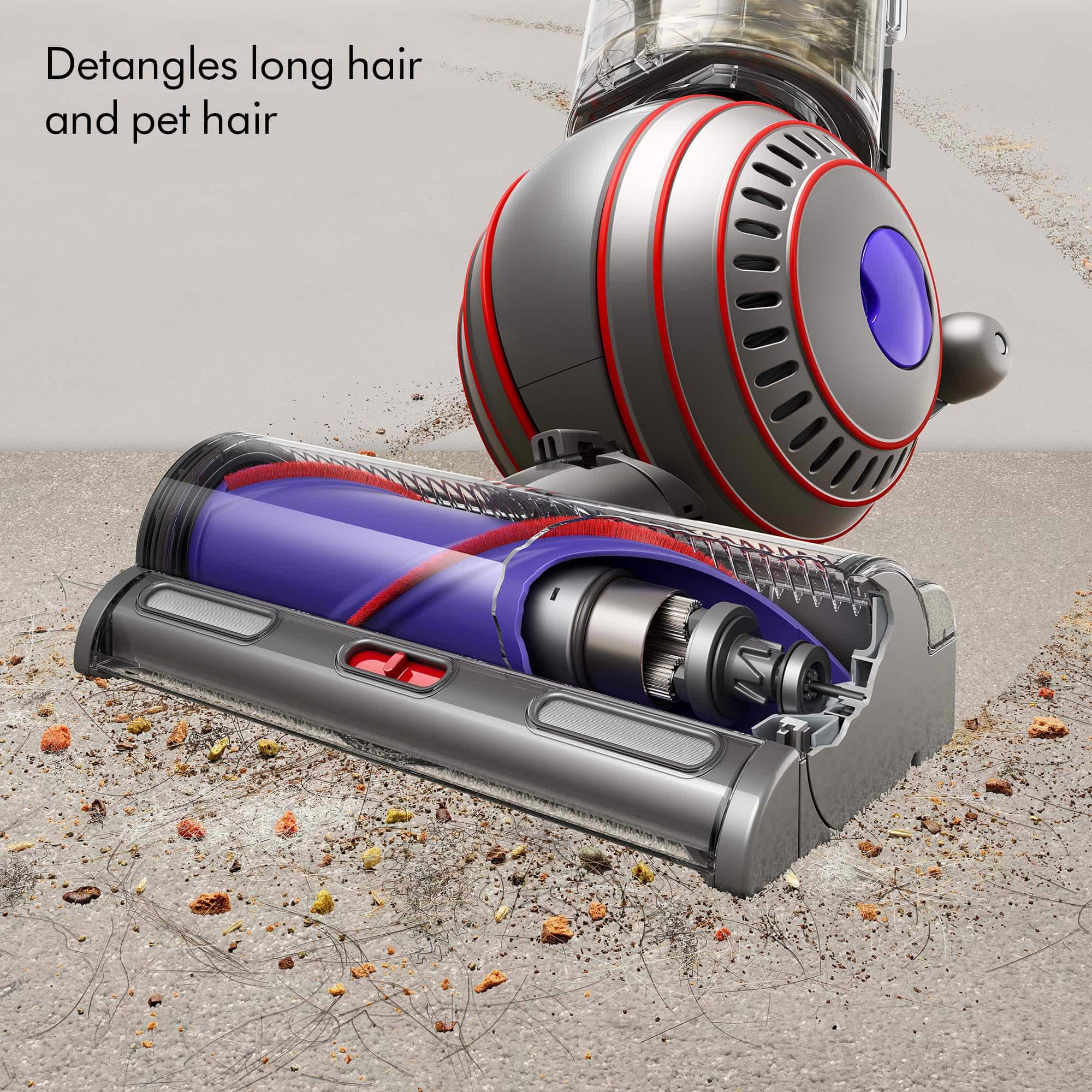 The image features a hair dryer and a vacuum cleaner, both of which are designed to detangle long hair and pet hair. The hair dryer is positioned on the left side of the image, while the vacuum cleaner is on the right side. The vacuum cleaner is also described as a "hair vacuum," which further emphasizes its purpose of detangling hair and pet hair.