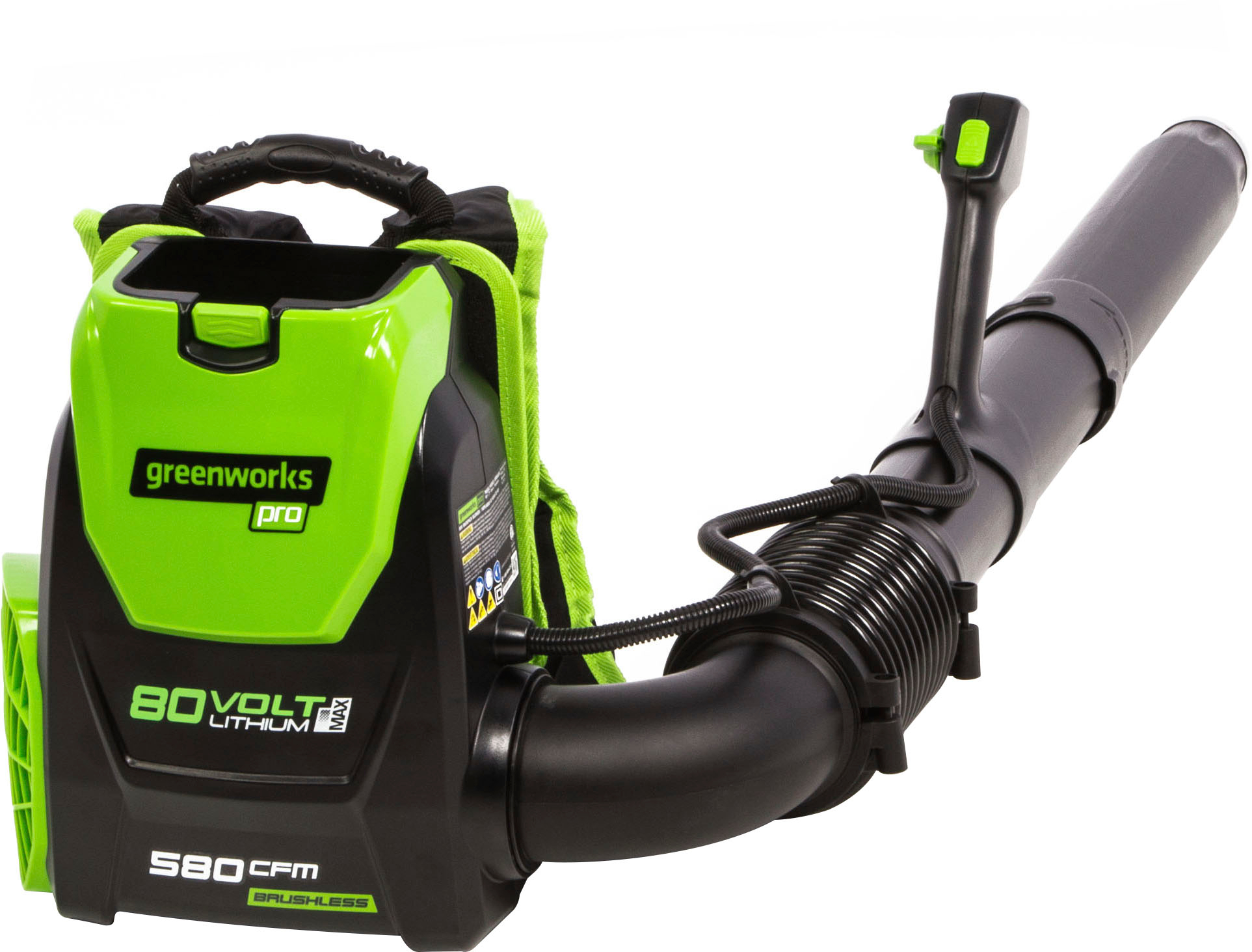Left View: Greenworks - 80-Volt Cordless Backpack Leaf Blower - 180 MPH/610 CFM (2.5Ah Battery and Charger Included) - Green