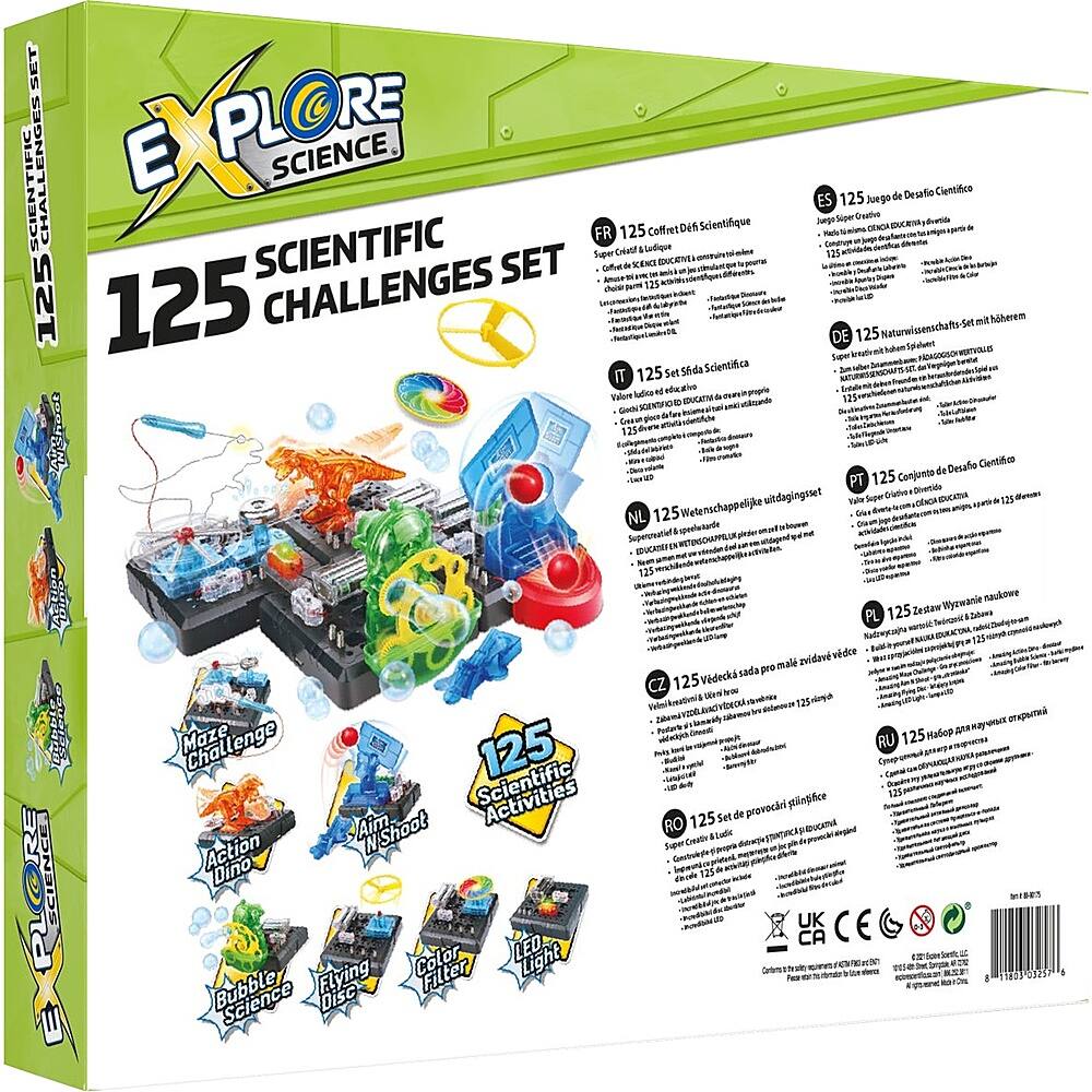 The image features a box of Explore Science, which contains 125 challenges. The box is green and has a variety of scientific activities and experiments inside. The challenges are designed to engage children and help them learn about science in a fun and interactive way. The box is filled with different items, including a microscope, a telescope, and a chemistry set. The challenges are organized in a booklet, which provides instructions and guidance for each activity. The box is suitable for children aged 8 and up, and it encourages creativity, critical thinking, and problem-solving skills.