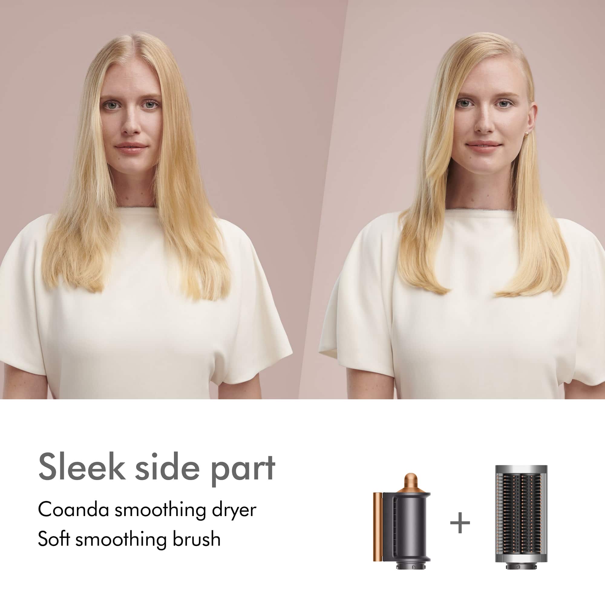 The image features a woman with blonde hair, wearing a white dress. The focus of the image is on the hair styling tools and techniques used to achieve a sleek side part. The tools include a Coanda smoothing dryer and a soft smoothing brush. The woman's hair is styled to create a polished and professional look.