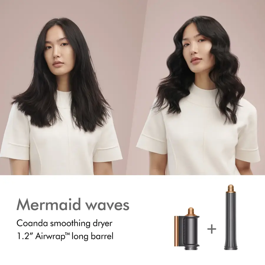 The image showcases two women with black hair, both wearing white shirts. They are standing next to each other, possibly posing for a photo. The image also features a Coanda smoothing dryer, which is a hair dryer designed to create a smoothing effect on the hair. The dryer is accompanied by a 1.2" Airwrap long barrel, which is used for creating curls and waves in the hair.