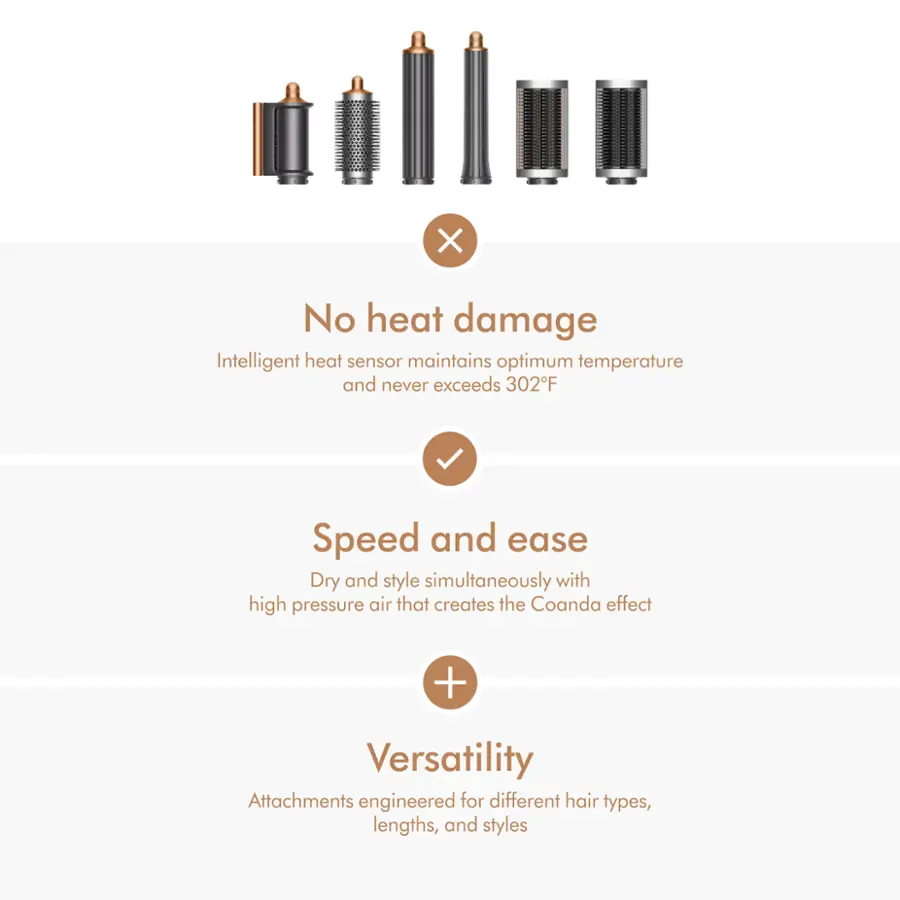 The image features a hair dryer with a few different attachments. The largest text reads "No heat damage," which indicates that the hair dryer is designed to minimize heat damage to the hair. The image also highlights the "Speed and ease" feature, which suggests that the hair dryer dries and styles hair simultaneously with high pressure air that creates the Coanda effect. Additionally, the image emphasizes the "Versatility" of the hair dryer, as it comes with attachments engineered for different hair types, lengths, and styles.