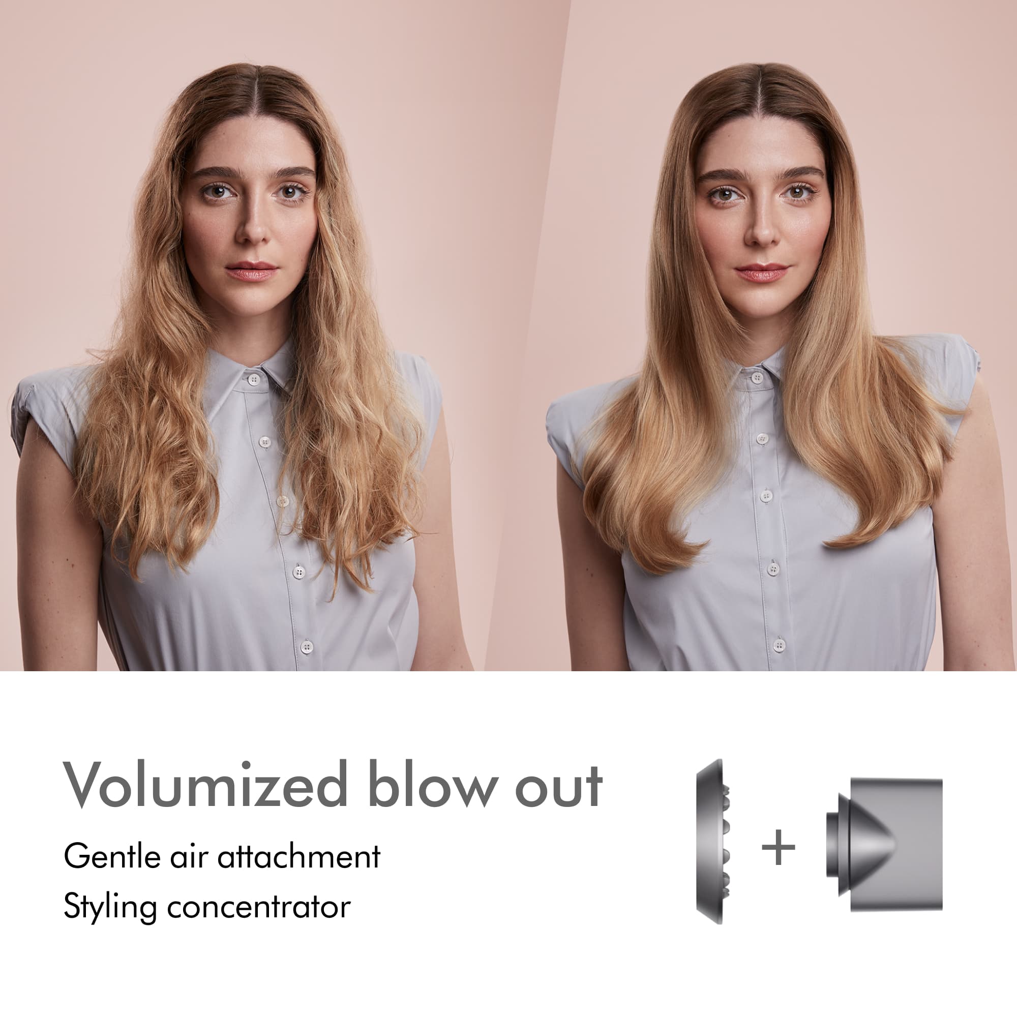 The image features two women with long blonde hair, both wearing white shirts. The image is advertising a hairstyling product, which is a volumized blow out. The product is designed to provide gentle air attachment and a styling concentrator for better control over the styling process. The advertisement emphasizes the benefits of the product, such as its ability to create a voluminous blow out and its gentle air attachment for a comfortable styling experience.