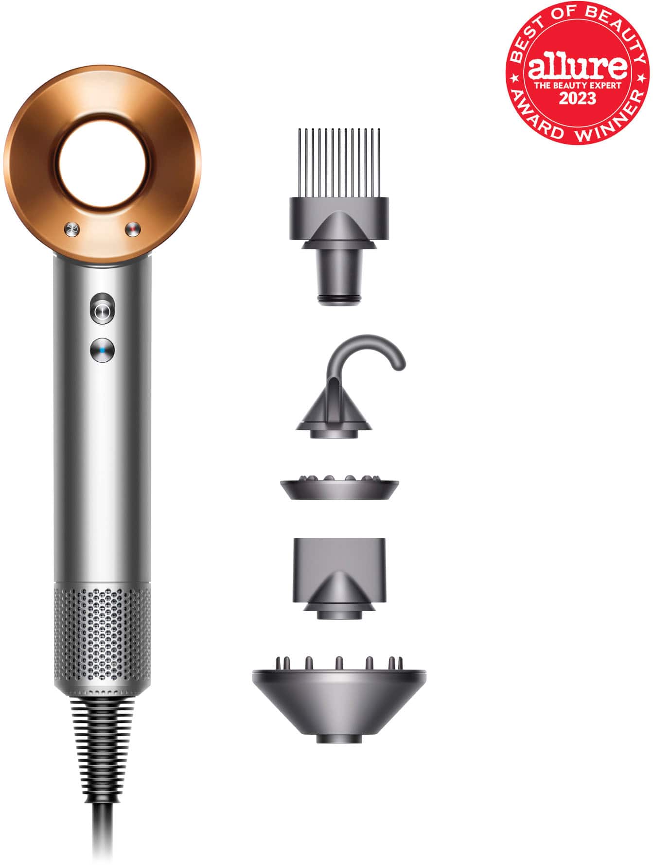 The image showcases a hair dryer with various attachments, including a brush and a comb. The hair dryer is silver and has a gold top. The attachments are displayed in a way that highlights their features and functions. The image also includes a logo that reads "allure beauty."
