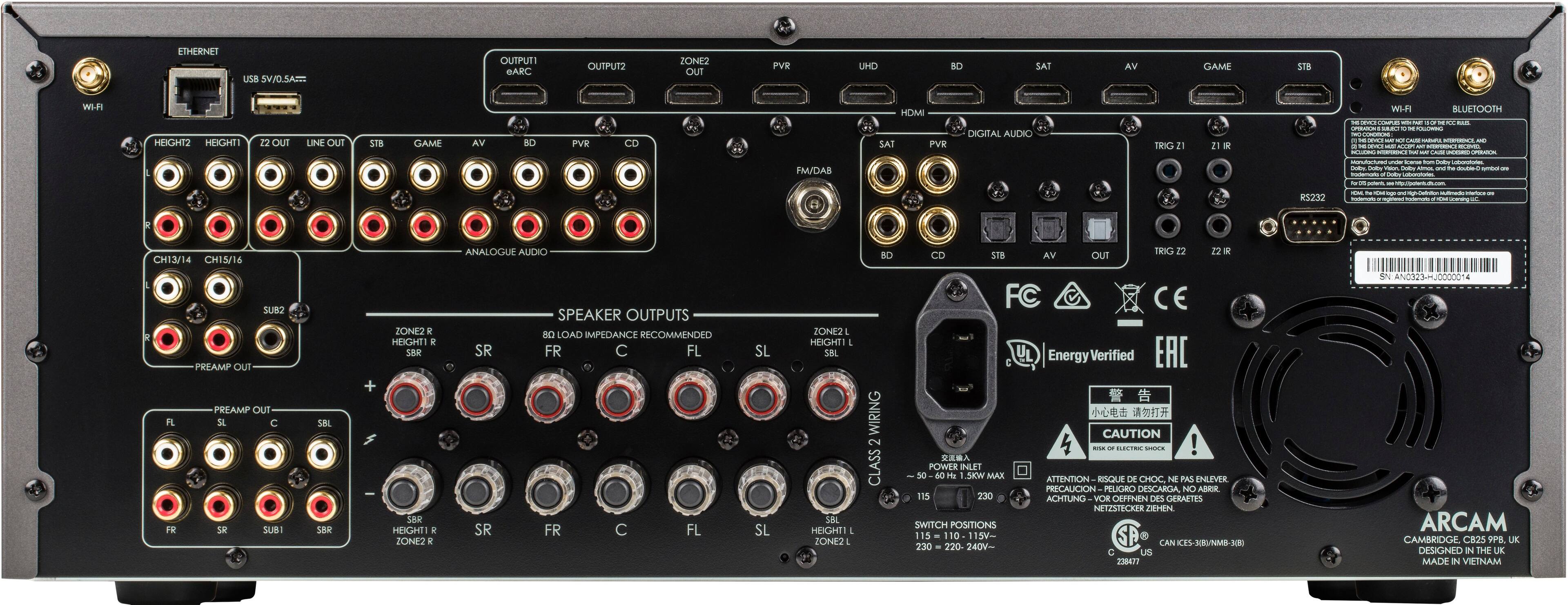 Back. Arcam - AVR21 770W 7.1 Ch. Bluetooth capable With Google Cast and 8K Ultra HD HDR Compatible A/V Home Theater Receiver - Gray.