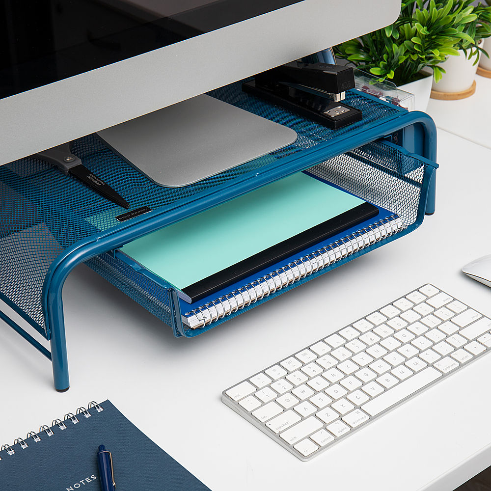 Angle View: Mind Reader - Mesh Monitor Stand with Drawer - Turquoise