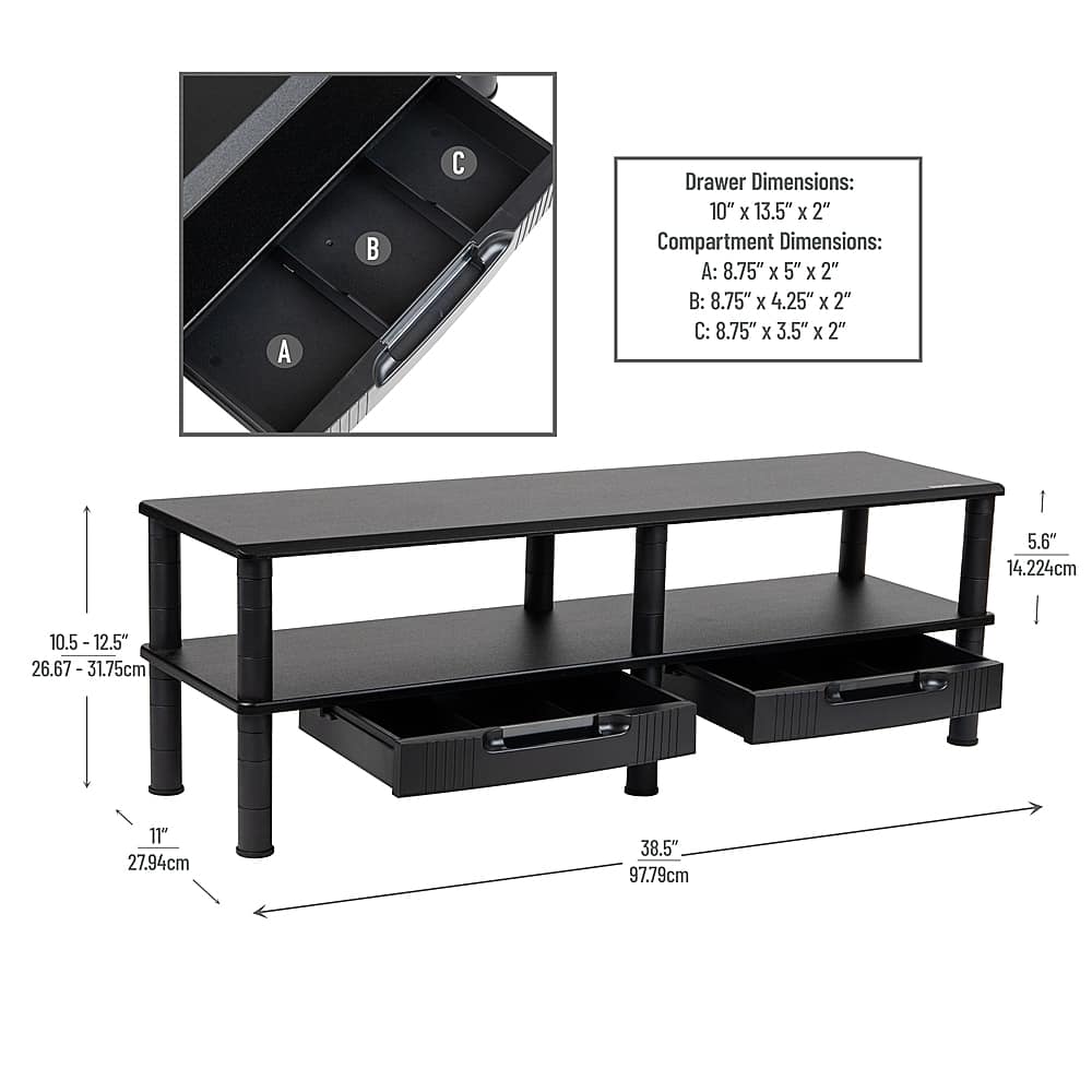 Left View: Mind Reader - Dual Monitor Stand, Storage Shelf, Desktop Organizer, Riser, Office, 38.5"L x 11"W x 10.5-12.5"H - Black