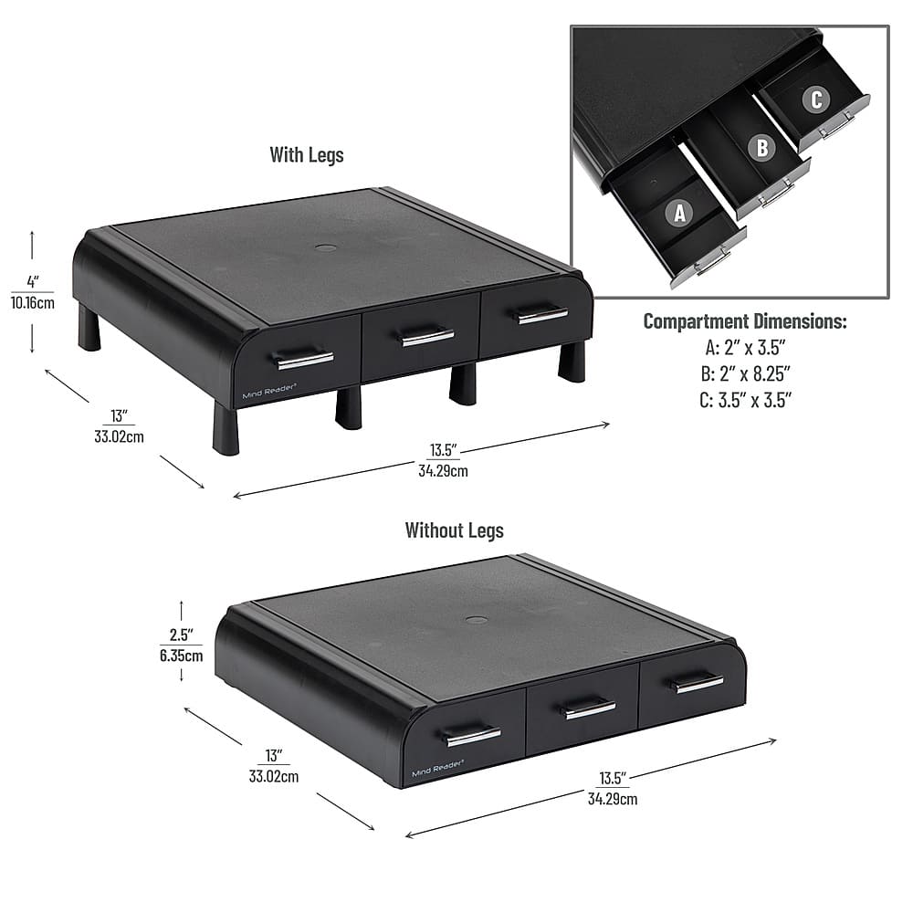 Left View: Mind Reader - Monitor Stand, Laptop Riser, Desktop Organizer, Storage Drawer, Office, Plastic, 13.5"L x 13"W x 4"H - Black