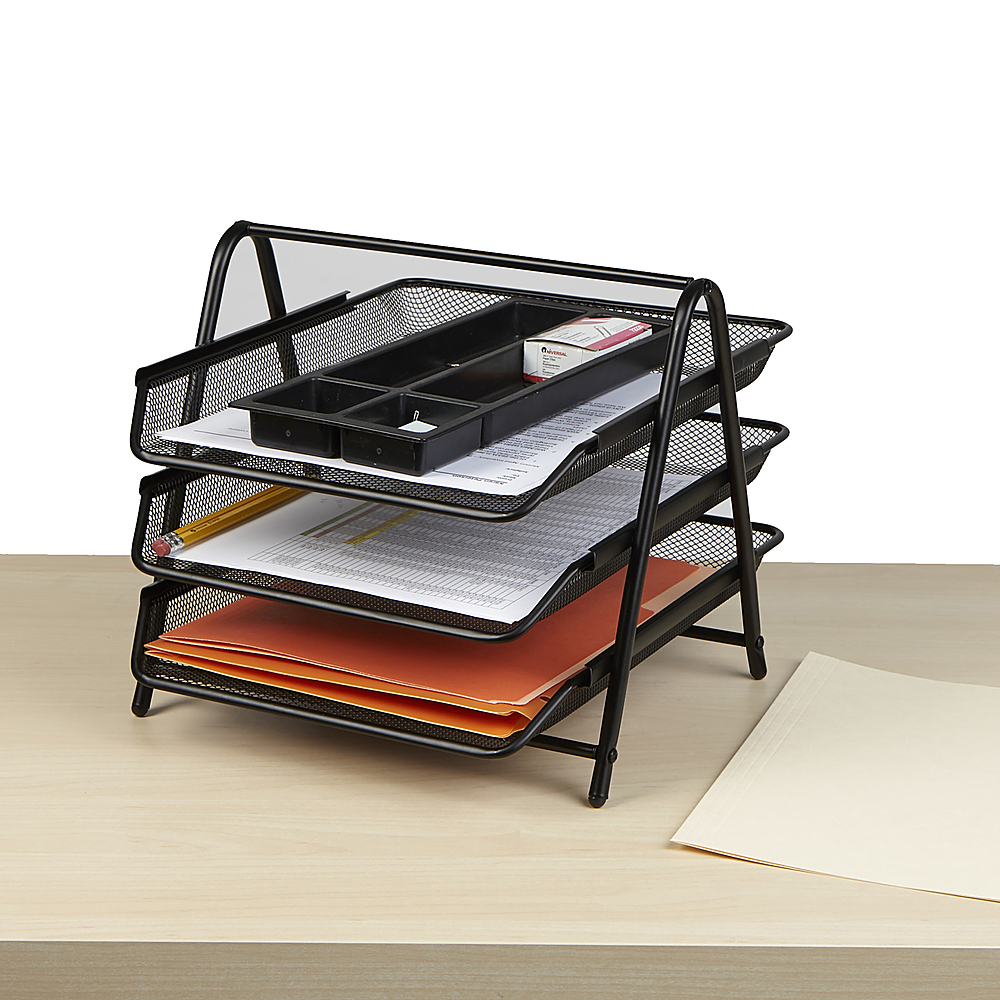 Angle View: Mind Reader - Mesh Monitor Stand and 3 Tier Paper Organizer - Black