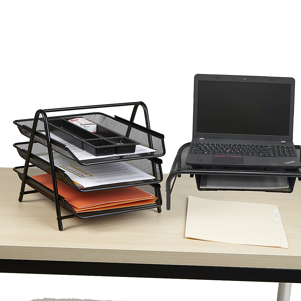 Left View: Mind Reader - Mesh Monitor Stand and 3 Tier Paper Organizer - Black