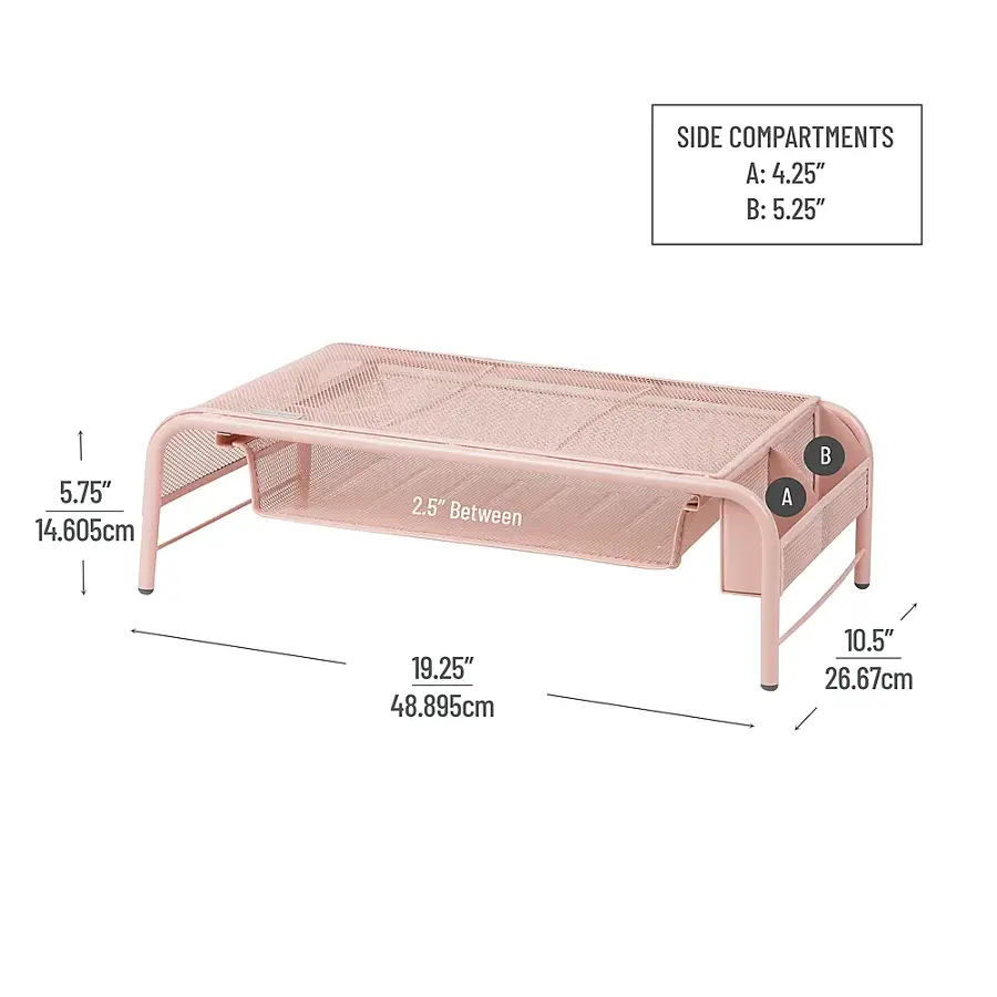 The image shows a pink metal bed frame with a mattress on it. The bed frame has a side compartment that can be used for storage. The dimensions of the side compartment are shown in the image, with the A compartment measuring 4.25 inches, the B compartment measuring 5.25 inches, and the C compartment measuring 5.75 inches. The dimensions are also provided in centimeters, with A measuring 10.5 cm, B measuring 12.7 cm, and C measuring 14.6 cm.
