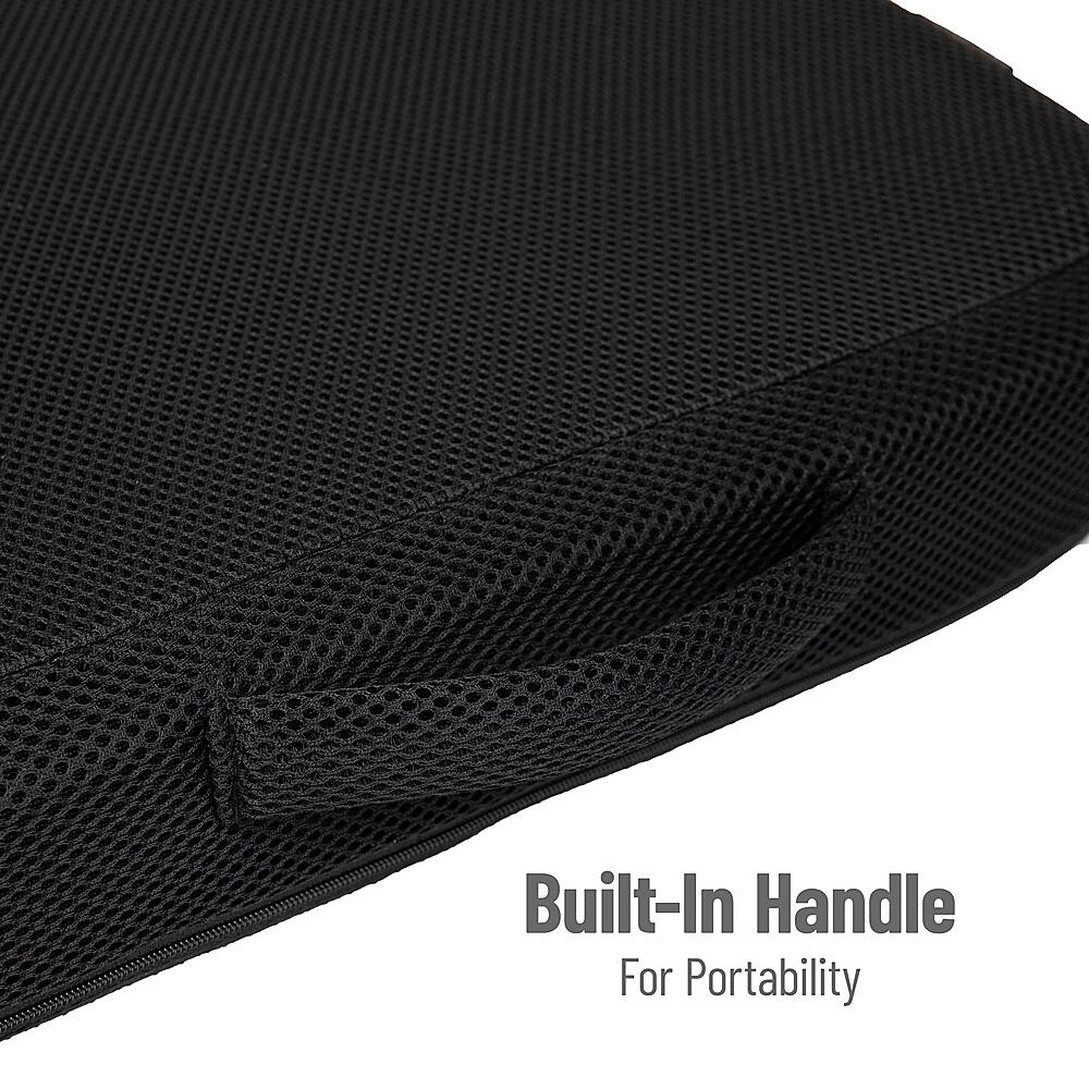 The image shows a black object with a built-in handle, which is designed for portability. The handle is located on the top of the object, making it easy to carry and transport. This feature is particularly useful for items that need to be moved around frequently or taken on trips.