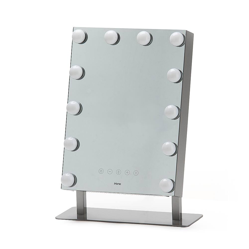 Angle. iHome - HOLLYWOOD PRO Vanity Stereo Speaker with Bluetooth, Speakerphone, USB Charging and Removable 10x Detail Mirror - Silver/Nickel.