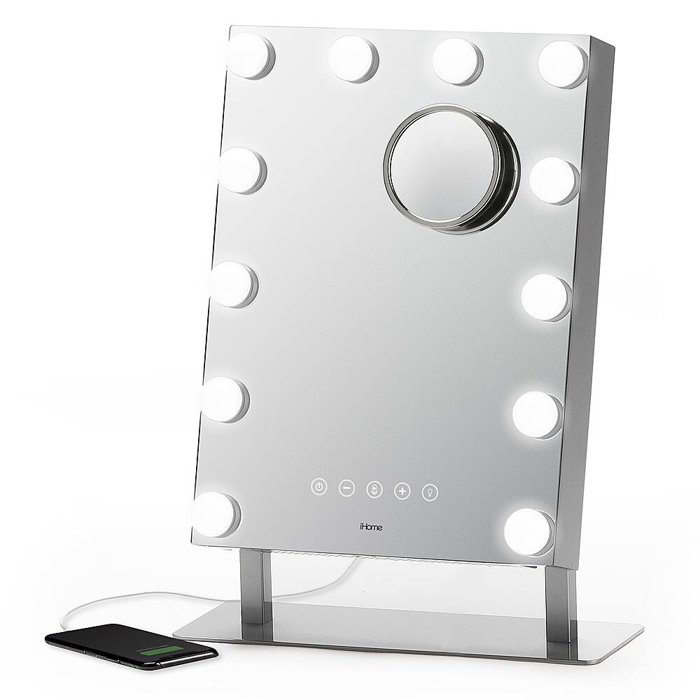Alt View 11. iHome - HOLLYWOOD PRO Vanity Stereo Speaker with Bluetooth, Speakerphone, USB Charging and Removable 10x Detail Mirror - Silver/Nickel.