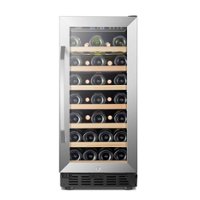 Lanbo - 15 Inch 33 Bottle Built-in or Freestanding Wine Cooler with Beech Wood Shelves and Double-Layer Glass Door - Black - Front_Zoom