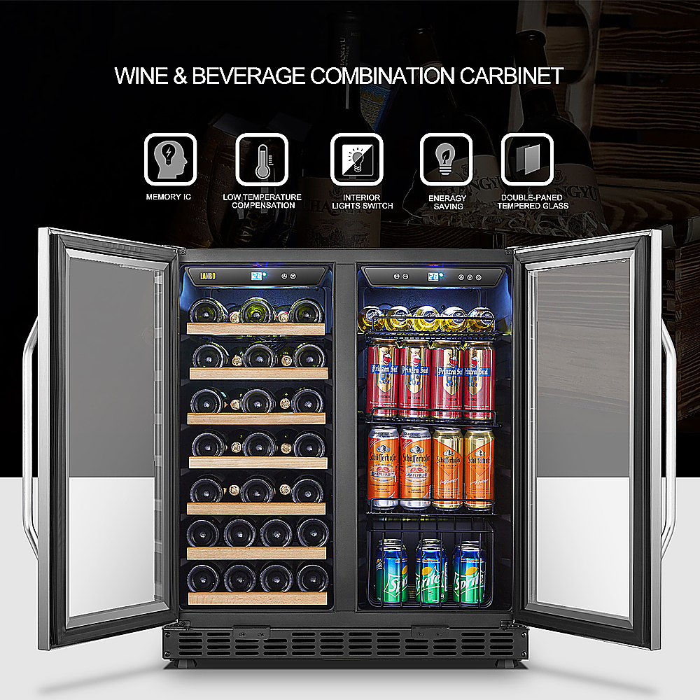 Lanbo Wine and Beverage Cooler, 30 inch Compressor Under Counter Wine and Beverage Fridge, 33 Bottle and 70 Can - Black