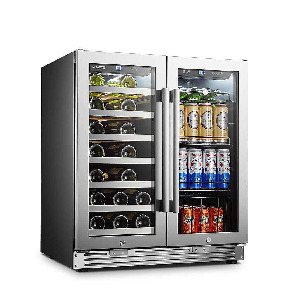 Left View: LanboPro - 26 Bottle 76 Can 2 Doors Seamless Stainless Steel Combo Wine and Beverage Refrigerator - Black