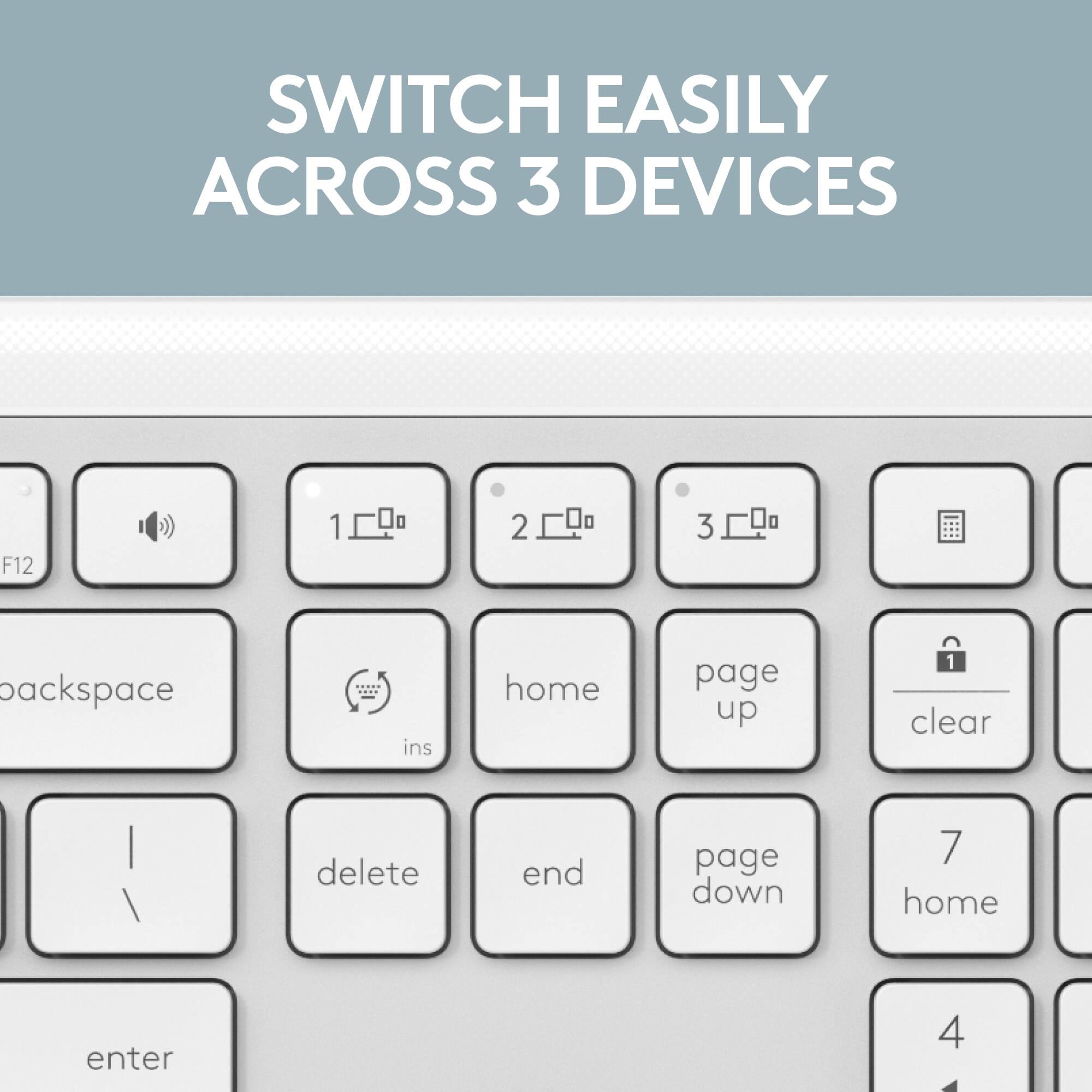 Switch Easily Across 3 Devices: F12, 1, 0, 2, 1, 3, Page Up, Page Down, Home, End, Delete, Enter, and Clear.
