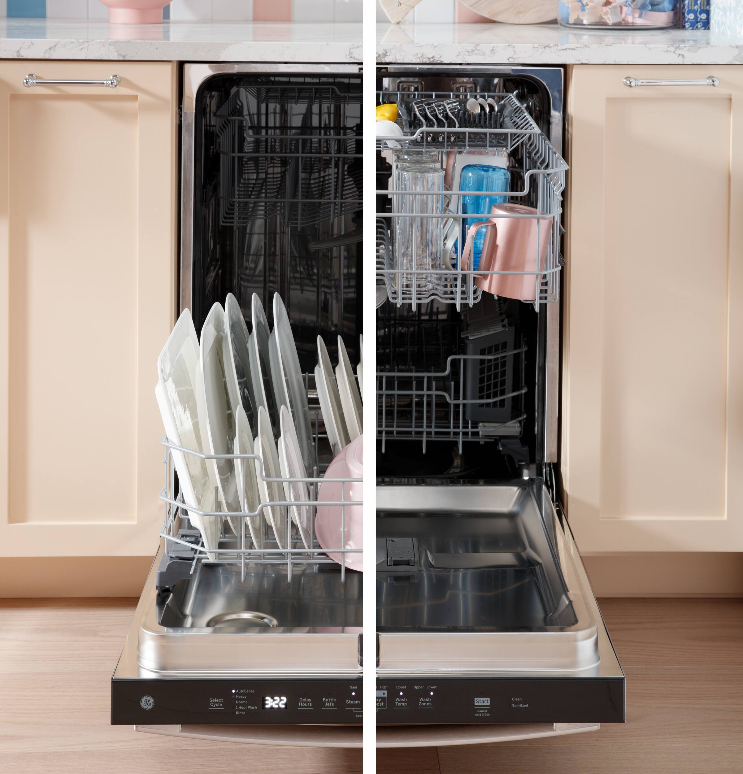 The image shows a dishwasher with its door open, revealing various dishes, including cups and spoons, inside. The dishwasher is filled with dishes, and it appears to be in the process of being loaded or unloaded. The dishes are arranged in a way that they are easily accessible and can be placed in the dishwasher or taken out for washing. The image also shows a sink in the background, suggesting that the dishwasher is part of a kitchen setup.