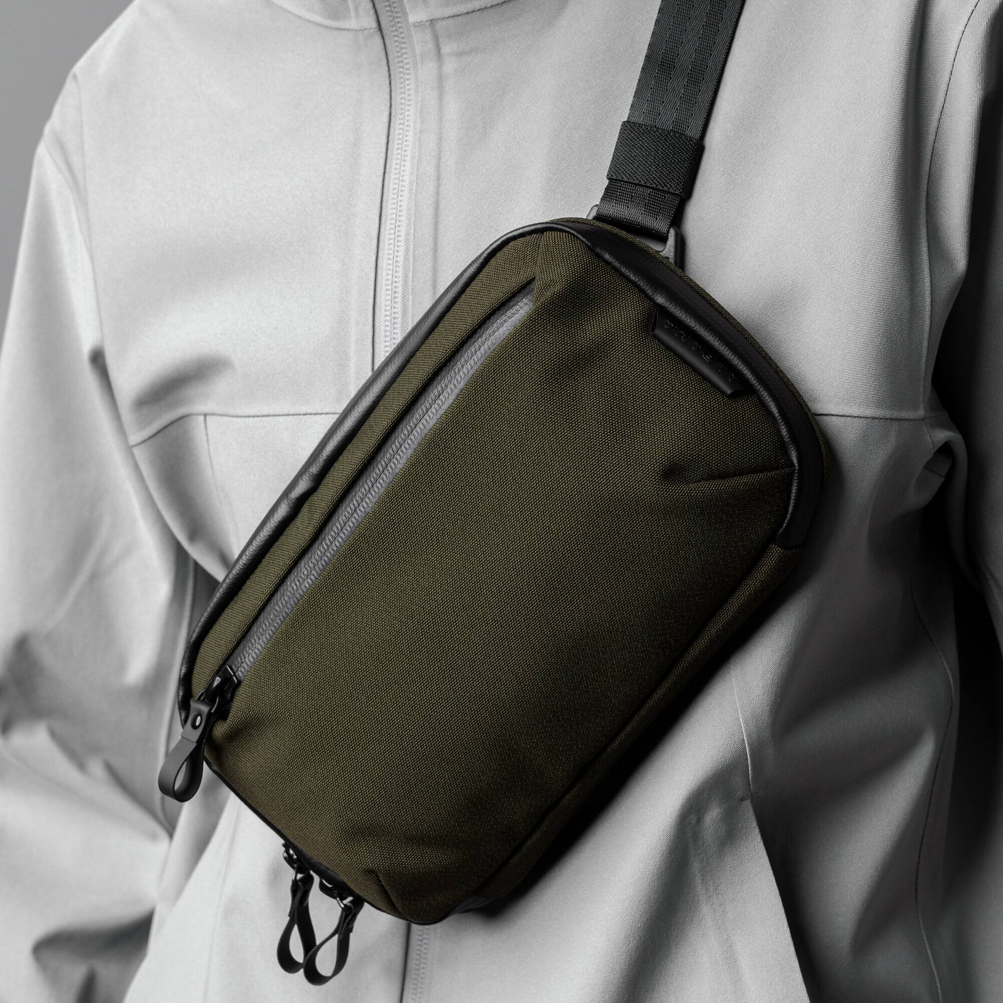 Alt View 2. ALPAKA - Tech Organizer Sling Bag 1.5L with Strap, Accordion Opening, 9 Pockets, Fits Kindle, Weatherproof Fabric, YKK Zippers - Army Green Axoflux 600D.