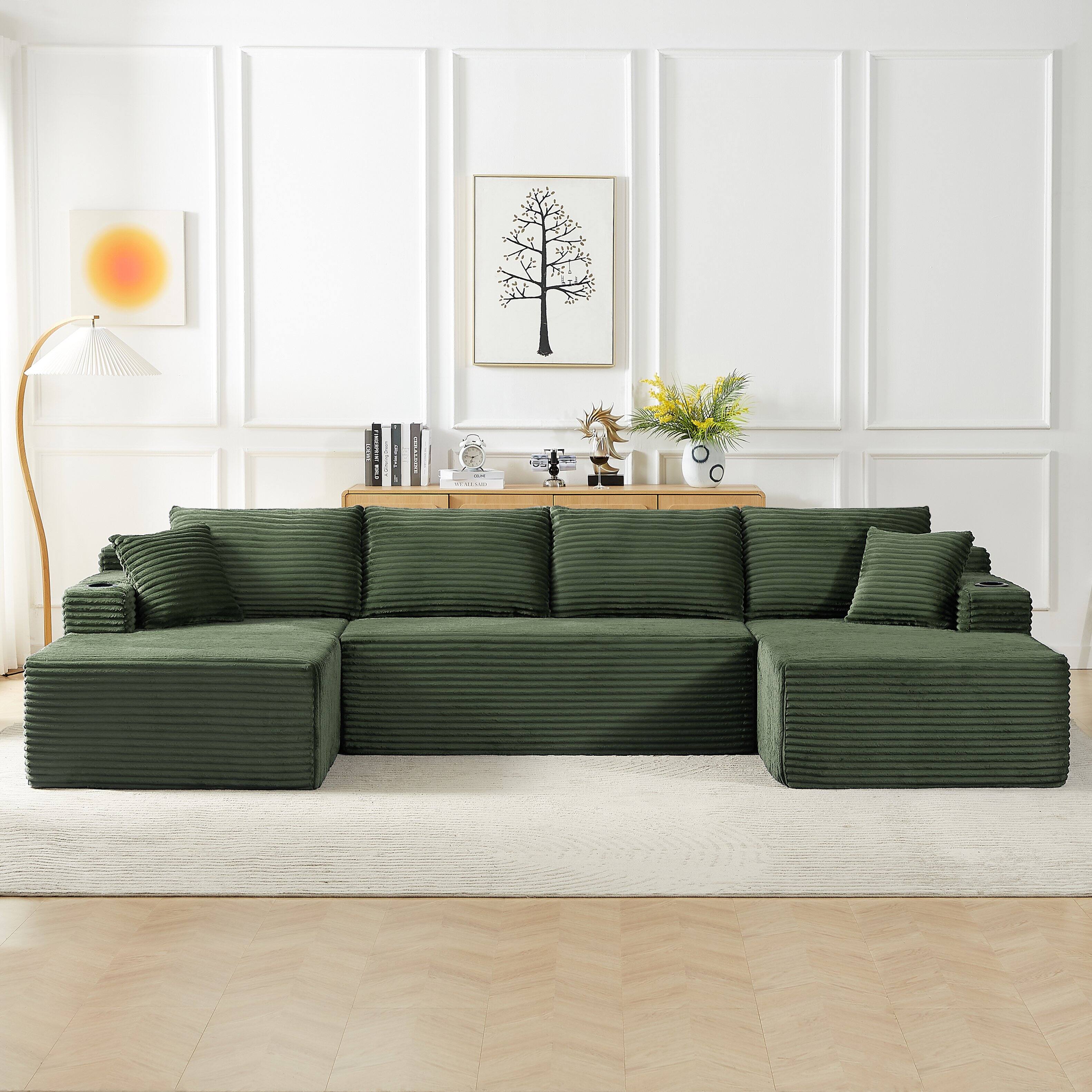 Alt View 1. Aukfa - U-Shaped Sectional Sofa Set - Minimalist Modular Design, Corduroy Cloud Couch for Living Room - Green.