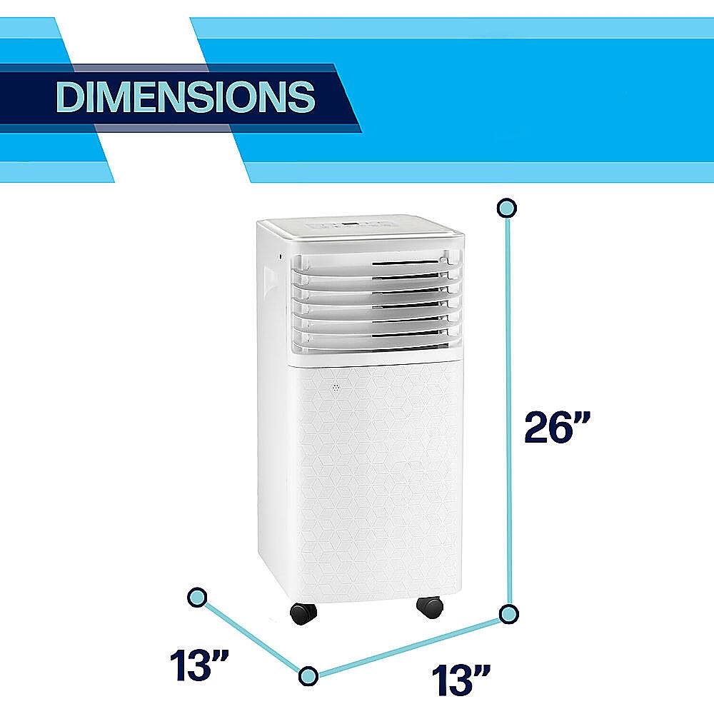 The image features a white air conditioner with dimensions of 26 inches in height, 13 inches in width, and 13 inches in depth. The air conditioner is placed on a white surface, possibly a table or a floor, and is ready for use. The dimensions are clearly visible and can be used as a reference for those considering purchasing or using the air conditioner.