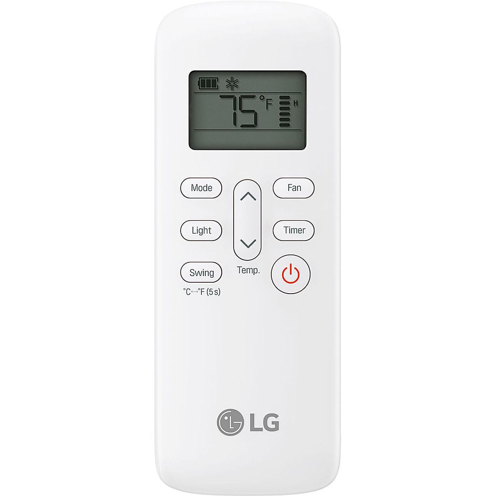 The image shows a white LG remote control with a digital display. The display shows the temperature as 75 degrees Fahrenheit. The remote control has various buttons, including a fan button, a light button, a timer button, and a swing button. The remote also has a temperature button, which allows the user to adjust the temperature.
