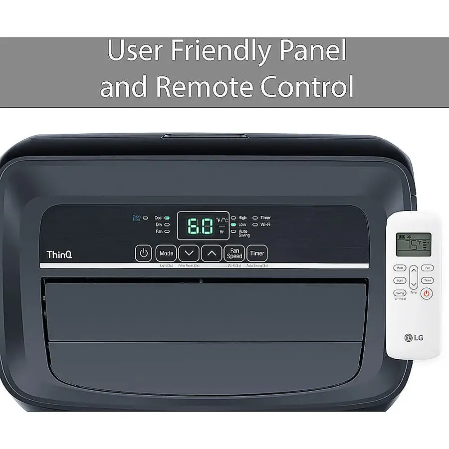The image features a black appliance with a remote control and a user-friendly panel. The appliance is a ThinQ cool and dry fan, which offers a variety of functions such as fan mode, high timer, low timer, and auto saving fan timer. The remote control and user-friendly panel allow for easy operation and customization of the appliance.
